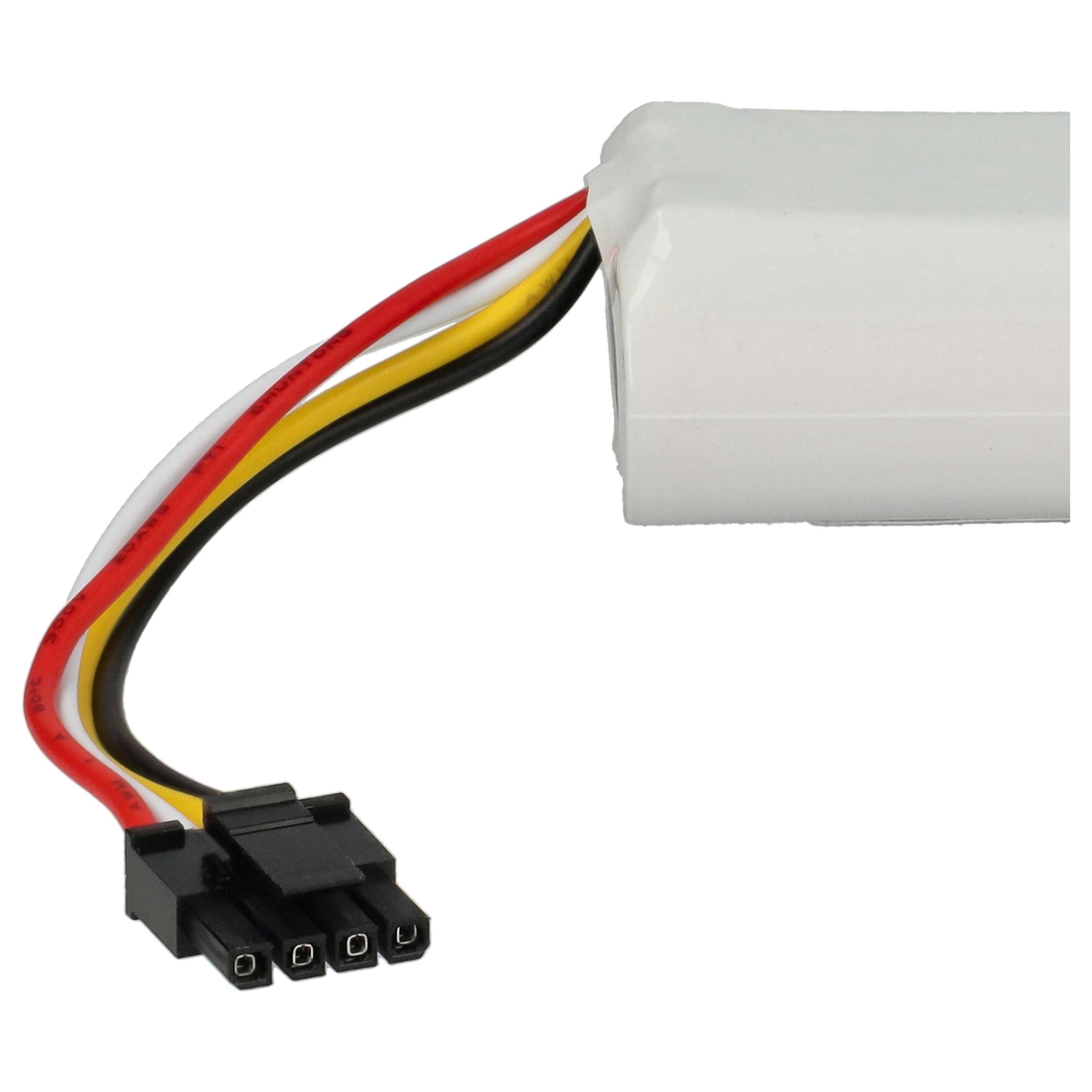 Eine weiße rechteckige Komponente mit roten, gelben, schwarzen und weißen Drähten, die mit einem schwarzen Stecker verbunden sind.