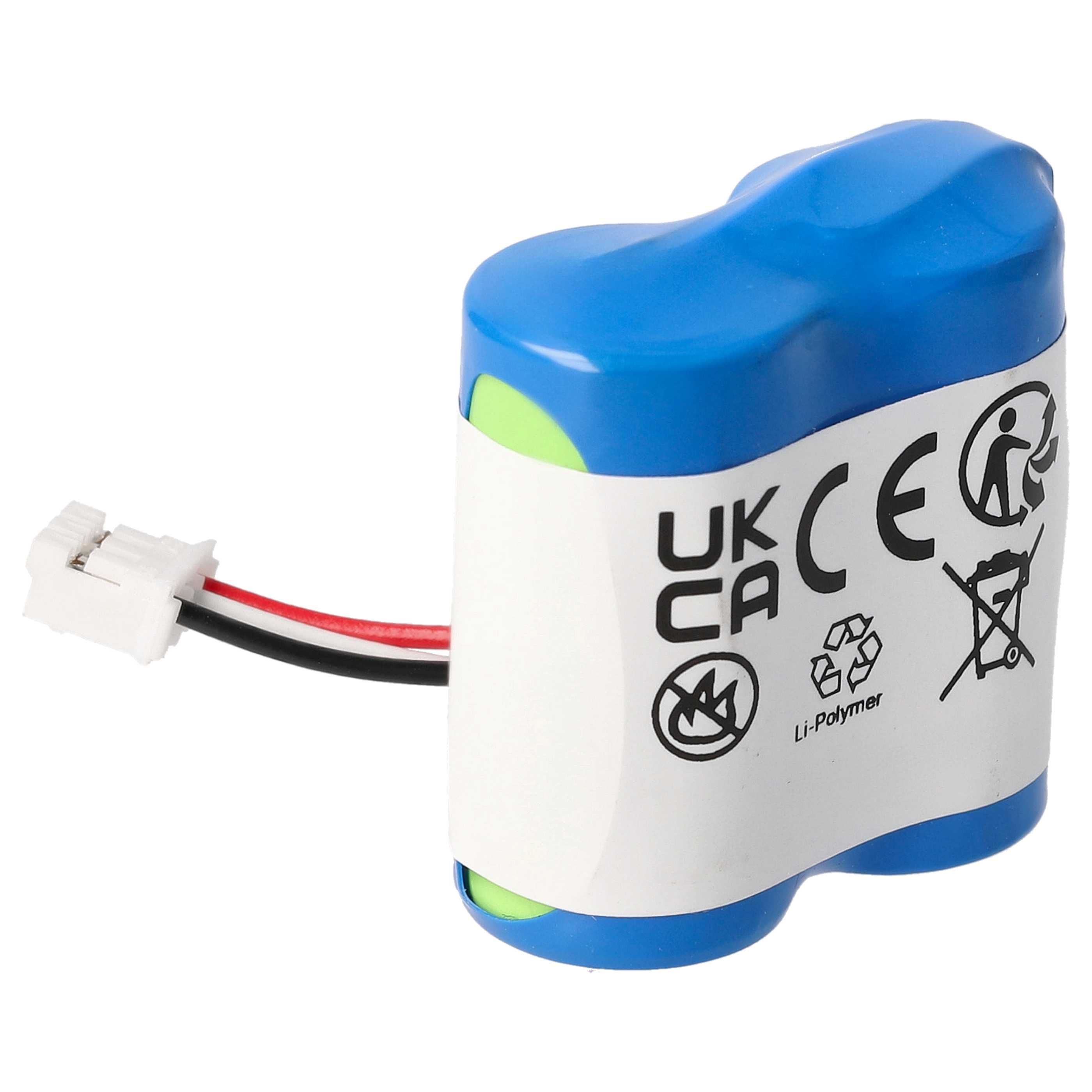 Batteriepack mit blauem Deckel, weißem Etikett und einem weißen Stecker mit Drähten. Das Etikett hat Text und Symbole.