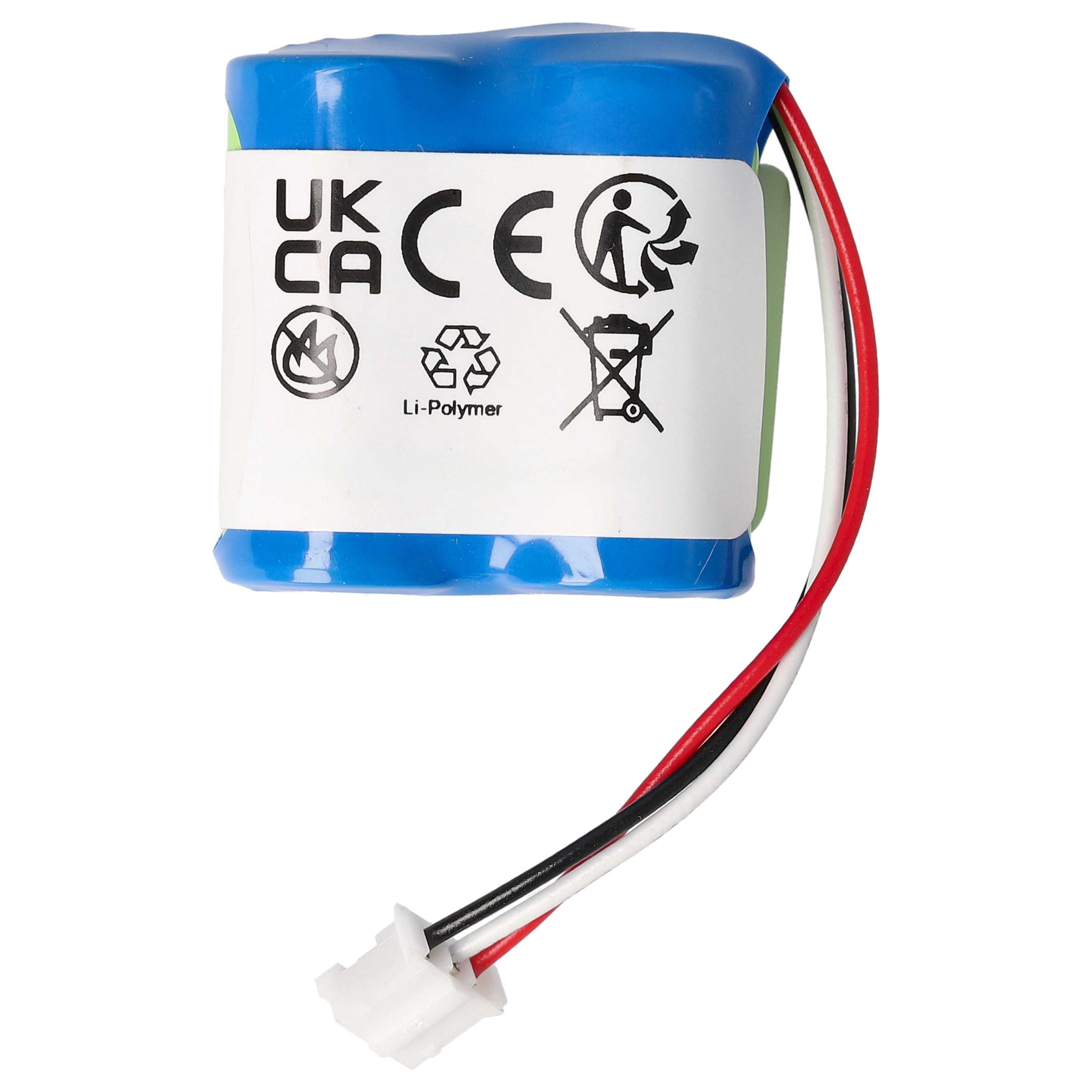Eine blau-weiße Batterie mit einem Etikett mit Symbolen und Drähten. Die Drähte sind rot, schwarz und weiß und enden in einem weißen Stecker.
