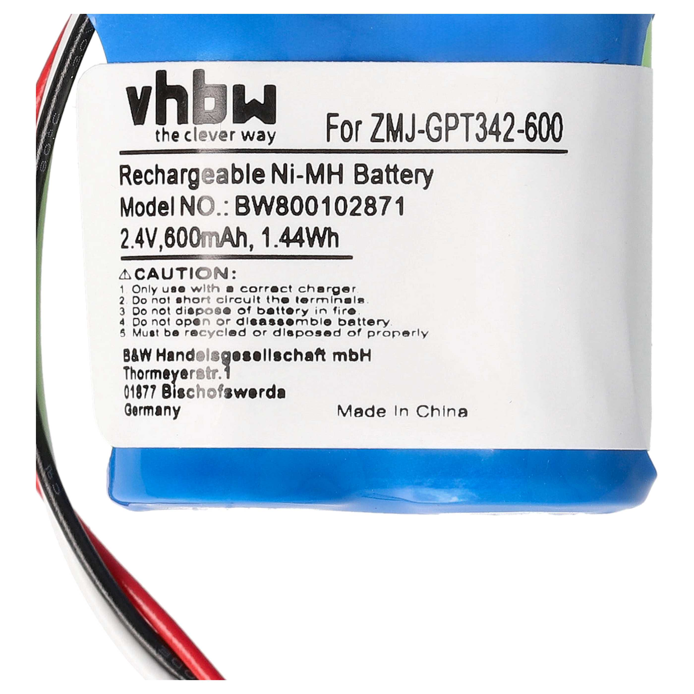 Batterieetikett mit Text: vhbw, wiederaufladbare Ni-MH-Batterie, 2,4 V 600 mAh und Warnhinweisen. Drähte sind sichtbar.