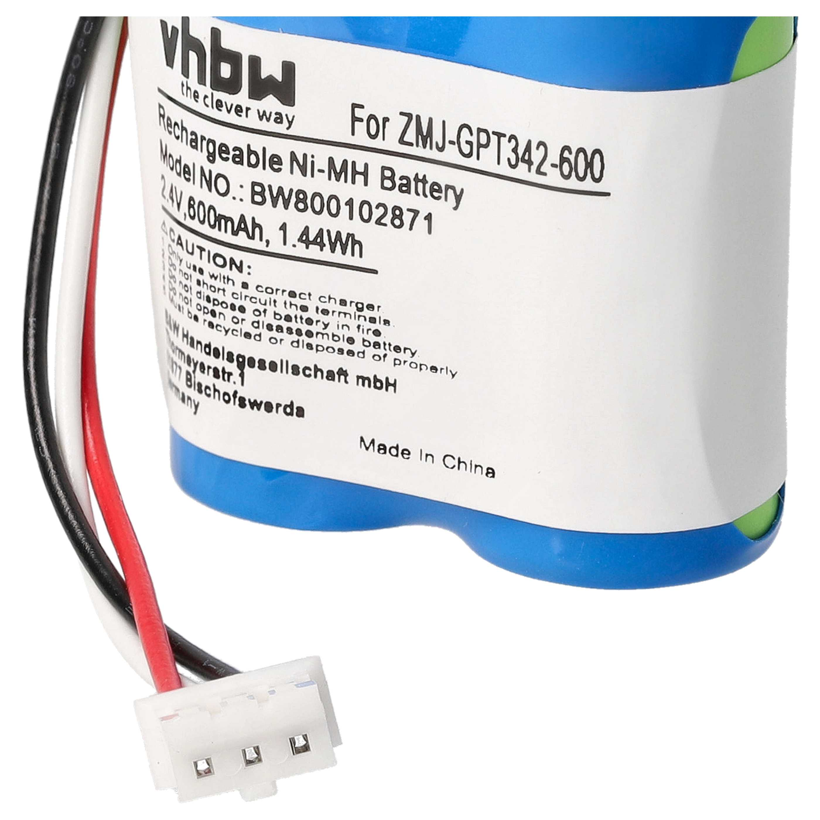 Eine Batterie mit Text: wiederaufladbare Ni-MH-Batterie, Modellnummer und Vorsichtshinweise. Drähte und ein Stecker sind sichtbar.