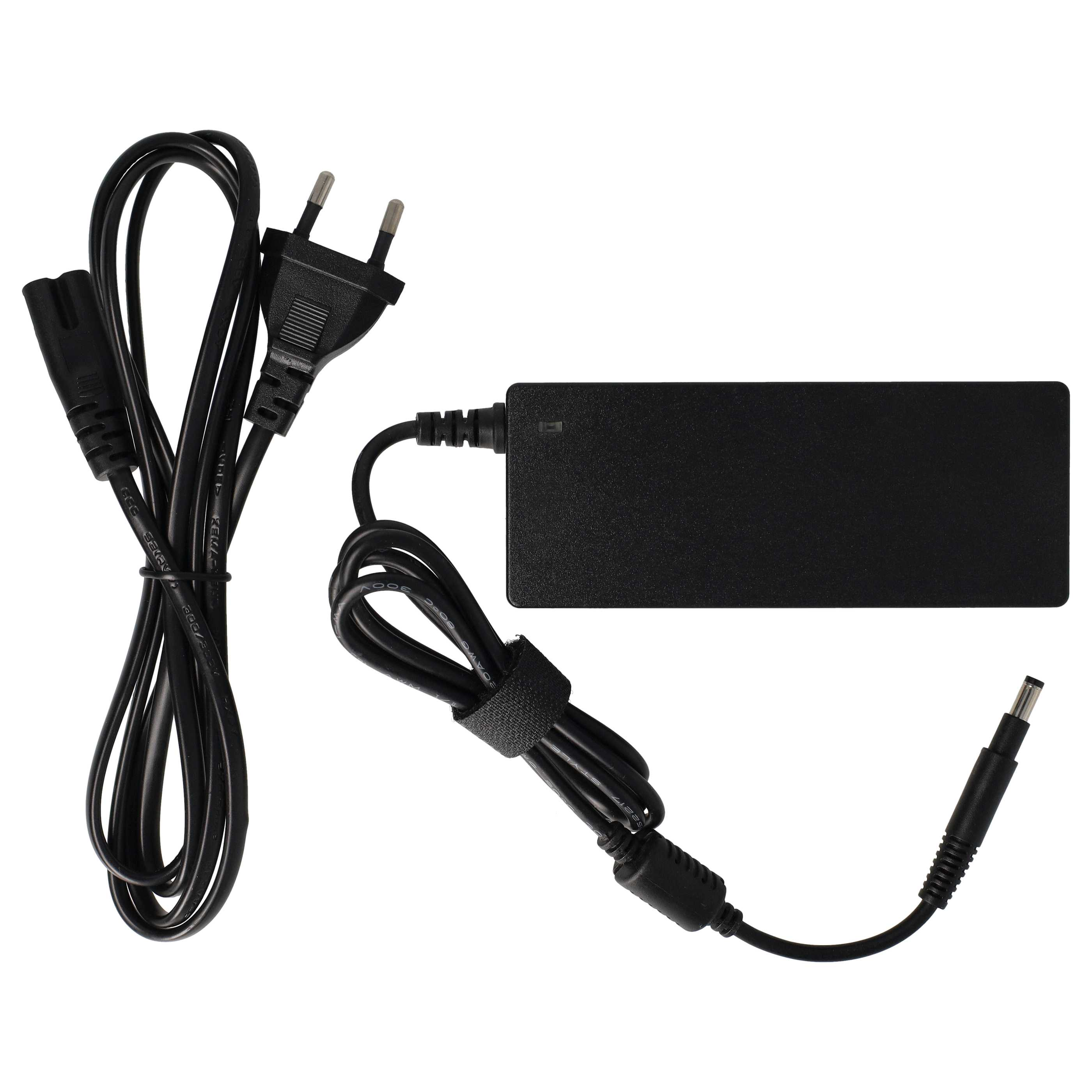 Schwarzes Laptop-Netzteil mit Netzkabel, Stecker und Gleichstromanschluss auf weißem Hintergrund.