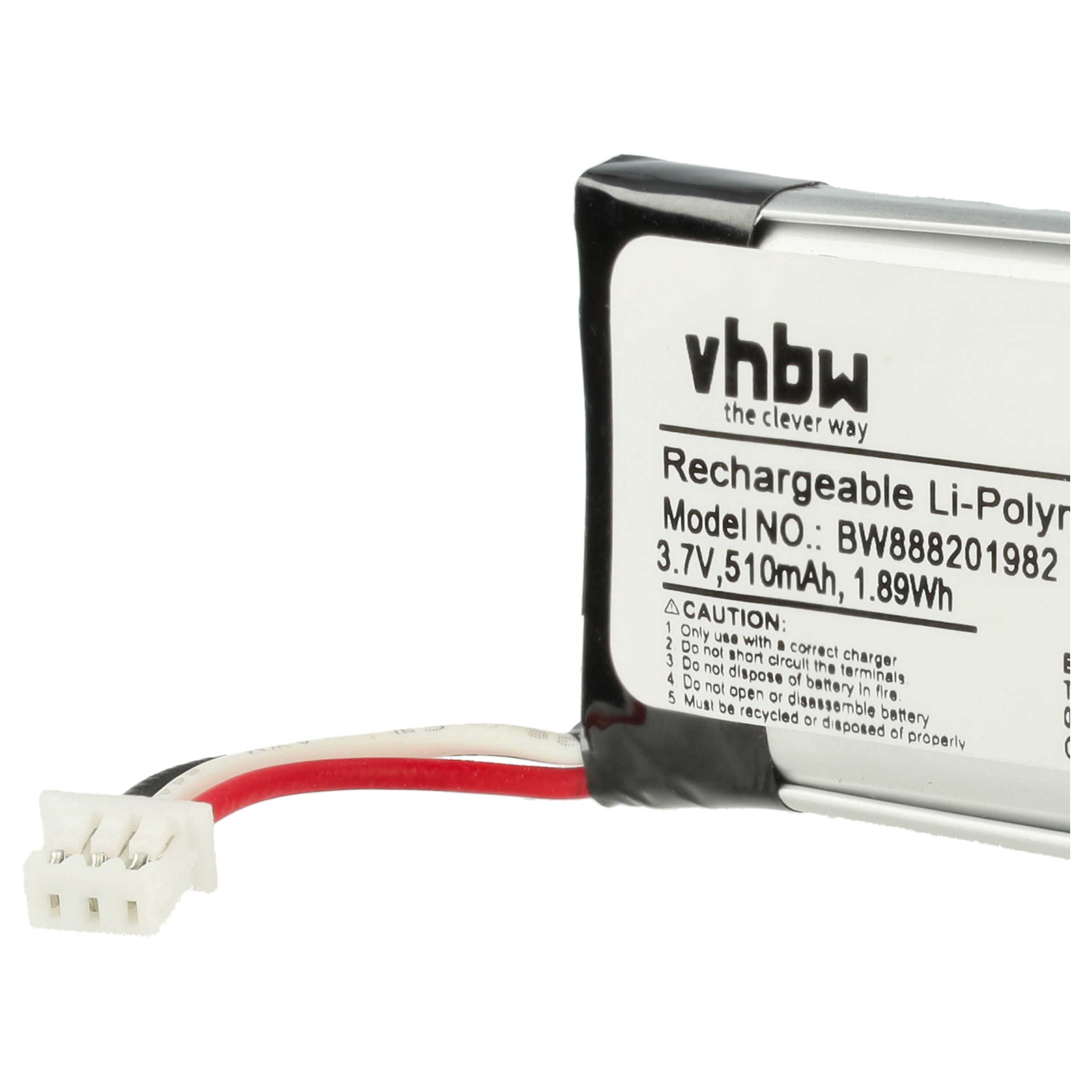 Ein wiederaufladbarer Li-Polymer-Akku mit weißem Stecker und schwarzen, weißen und roten Drähten. Auf dem Akku steht vhbw, Modell BW888201982.