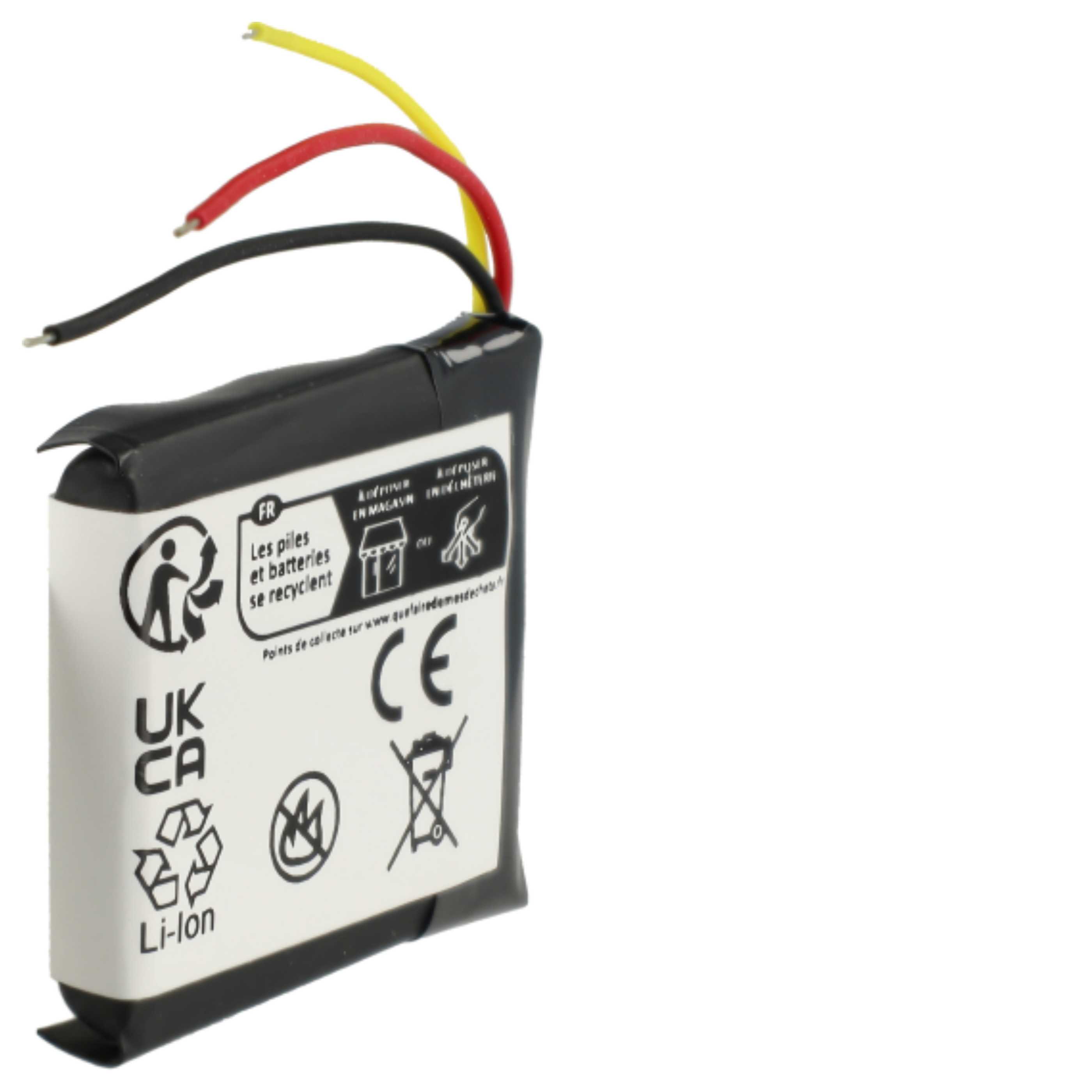 Ein Li-Ionen-Akku mit schwarzen, roten und gelben Drähten. Es hat weiße Etiketten mit Recycling-Symbolen und Text sowie eine CE-Kennzeichnung.