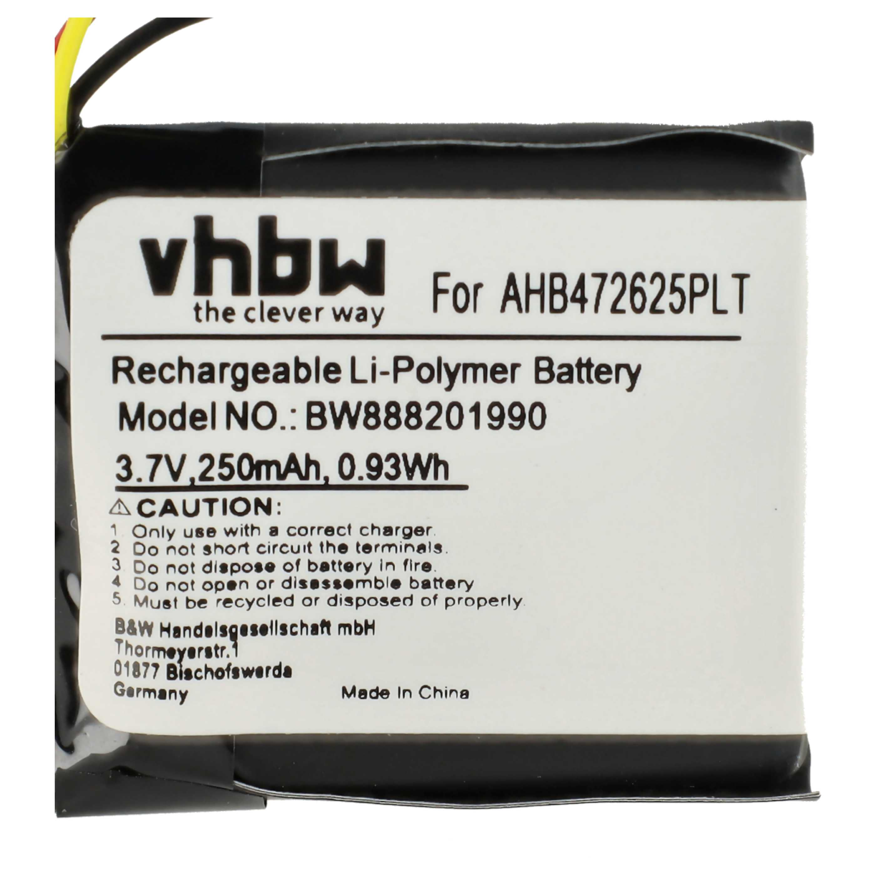 Rechteckiger Akku mit schwarz-weißem Etikett. Text enthält 'vhbw', 'Rechargeable Li-Polymer Battery' und Sicherheitshinweise.