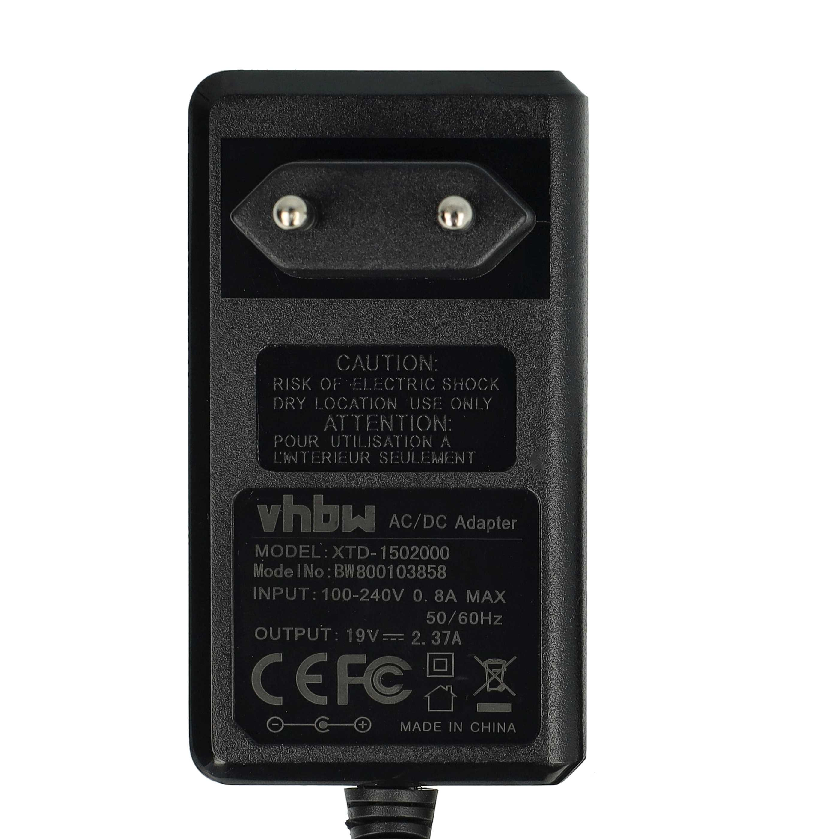 Schwarzer AC/DC-Adapter mit Text. Er lautet 'Vorsicht', 'vhbw AC/DC Adapter' und technische Details.