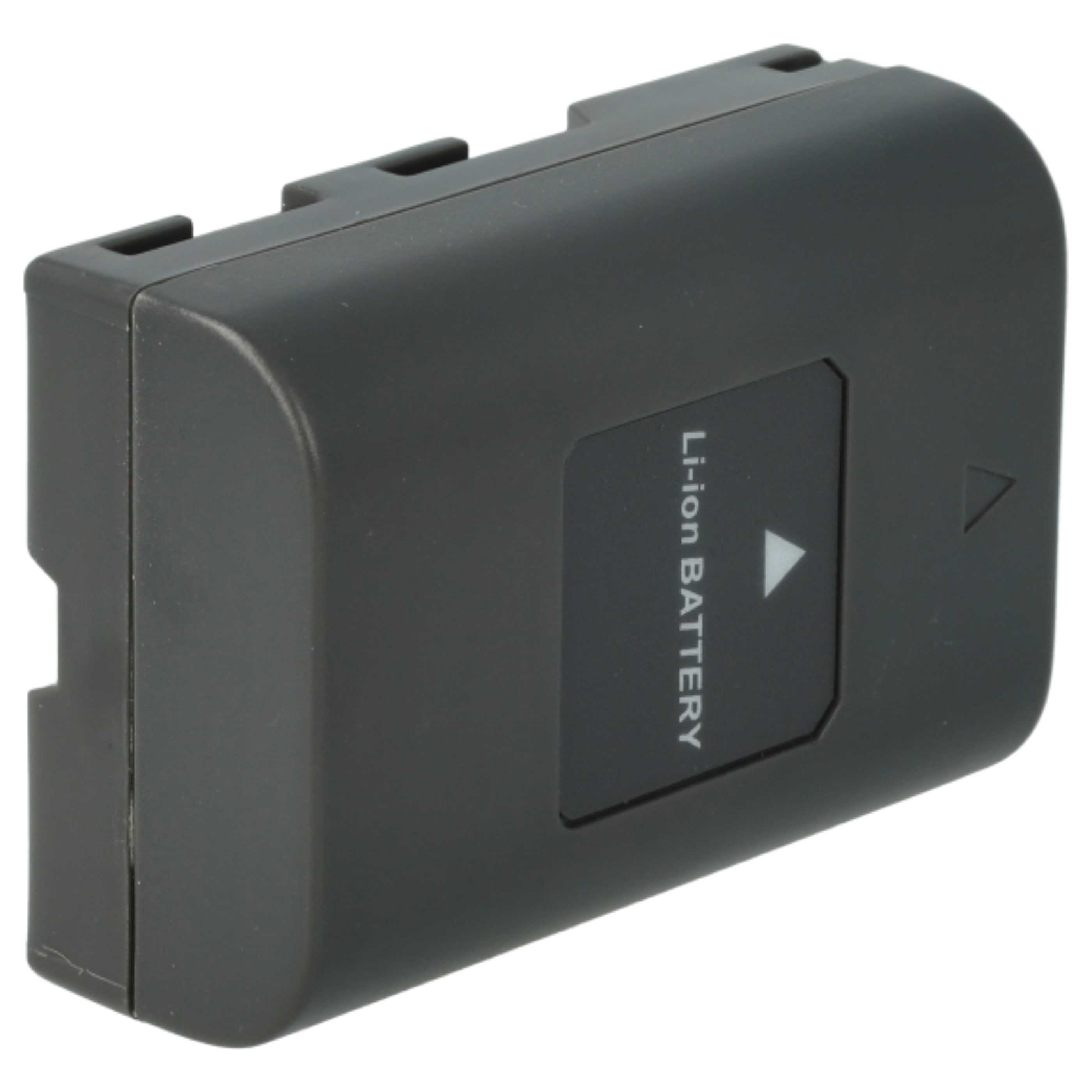 Ein schwarzer Li-Ionen-Akku in rechteckiger Form mit der Aufschrift "Li-ion BATTERY". Der Akku hat einen kleinen Pfeil.