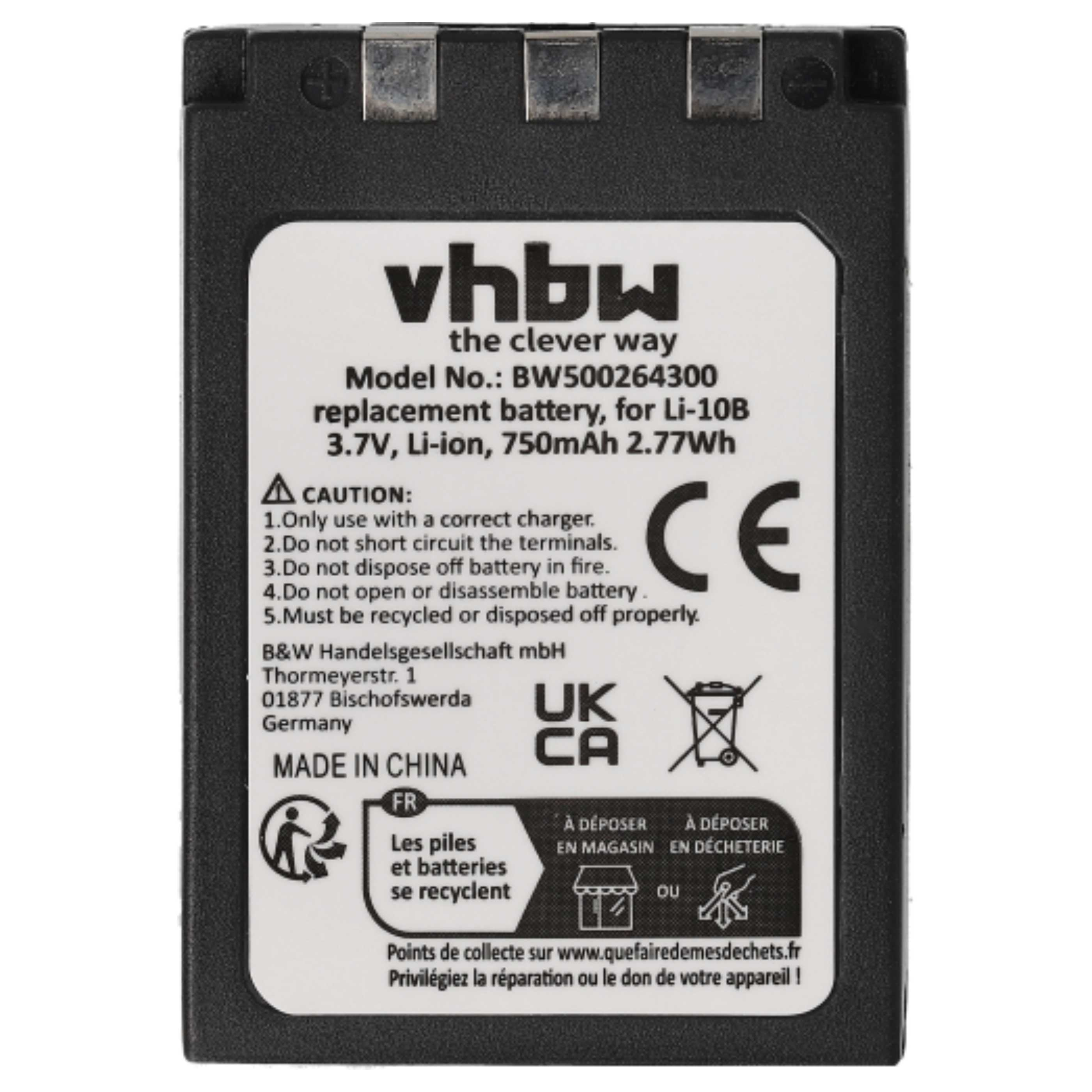 Ein schwarz-weißes Batterieetikett mit Text wie 'vhbw', Modellnummer und Sicherheitshinweisen. Es hat auch Recycling-Symbole.