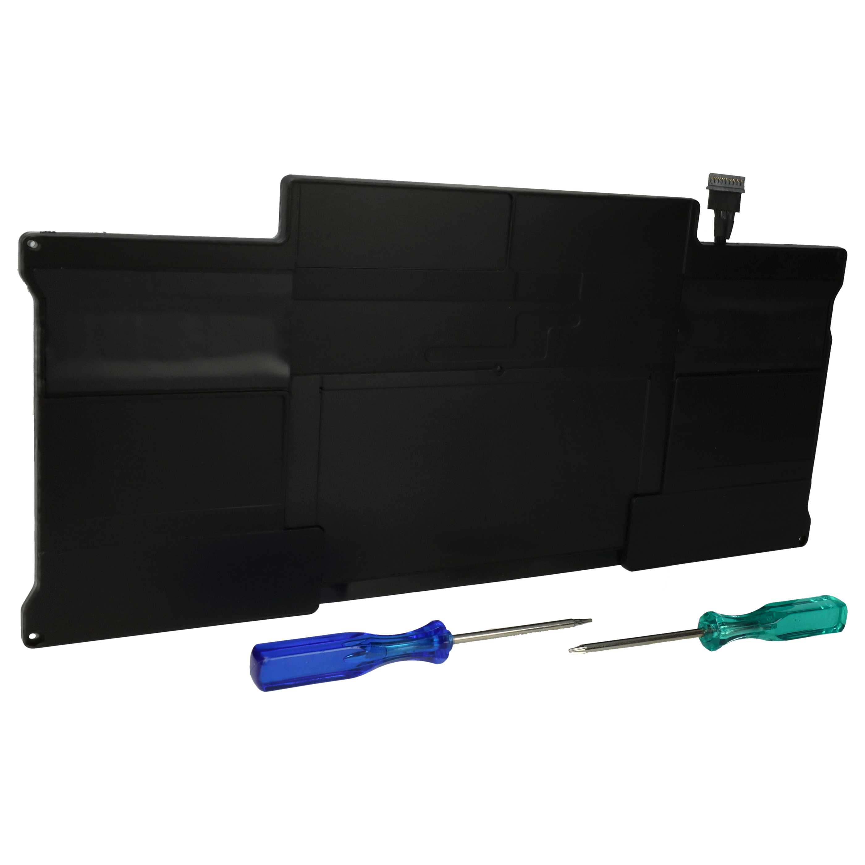 Schwarzer Laptop-Akku, zwei Schraubendreher mit blauen und grünen Griffen auf weißem Hintergrund.