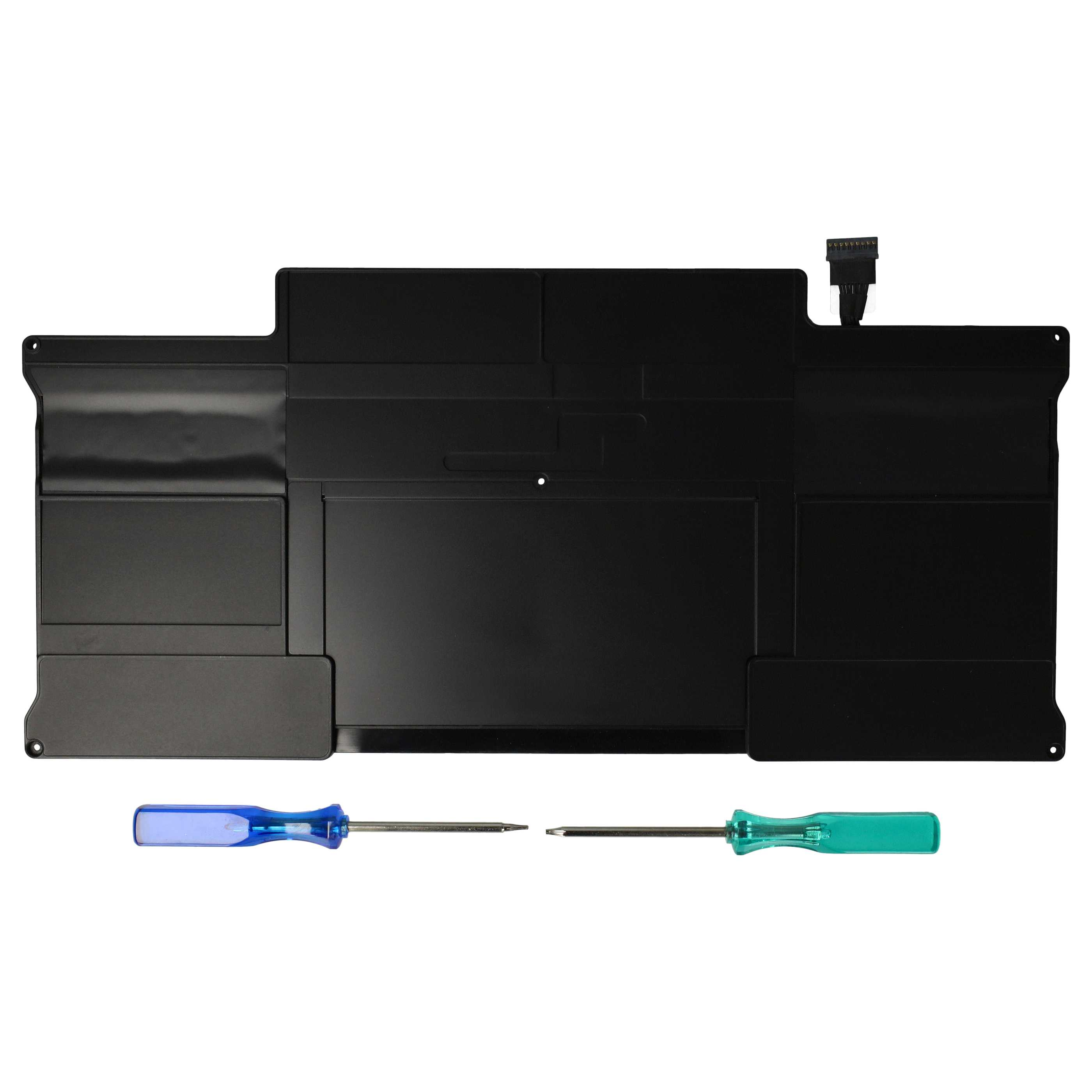 Schwarzer Laptop-Akku mit zwei Schraubenziehern, einem blauen und einem grünen.