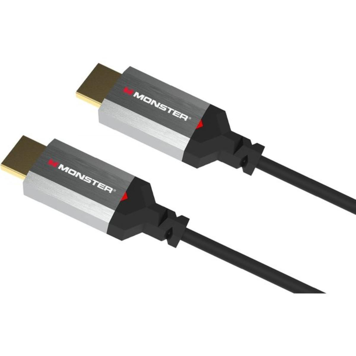 Sono mostrati due cavi HDMI Monster. I connettori sono argentati con punte dorate, i corpi dei cavi sono neri.