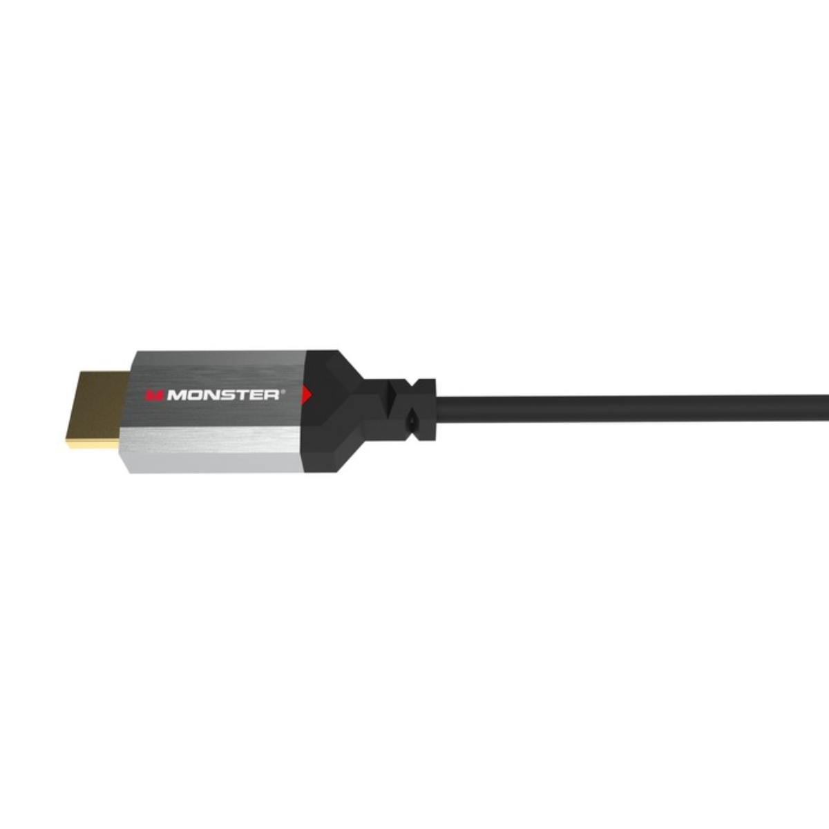 Un cavo HDMI con connettore argentato con l'etichetta 'MONSTER'. Il cavo è nero, con un'estremità dorata, su sfondo bianco.
