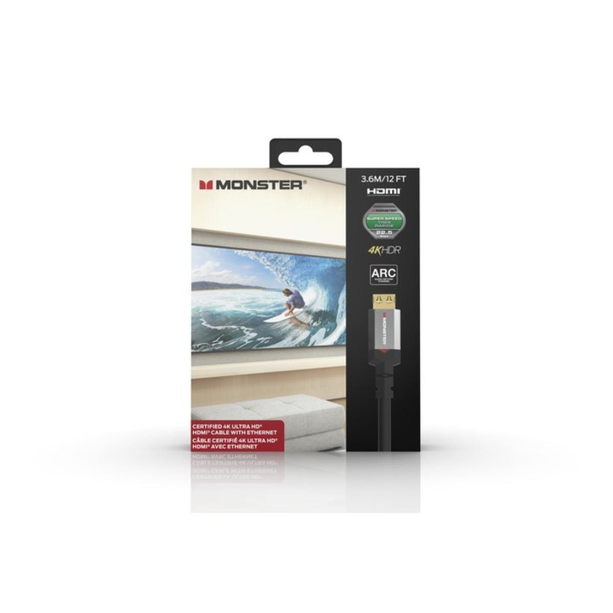 Una confezione di cavo HDMI Monster. Mostra una TV con un surfista e le onde. Testo: Cavo HDMI 4K Ultra HD certificato.
