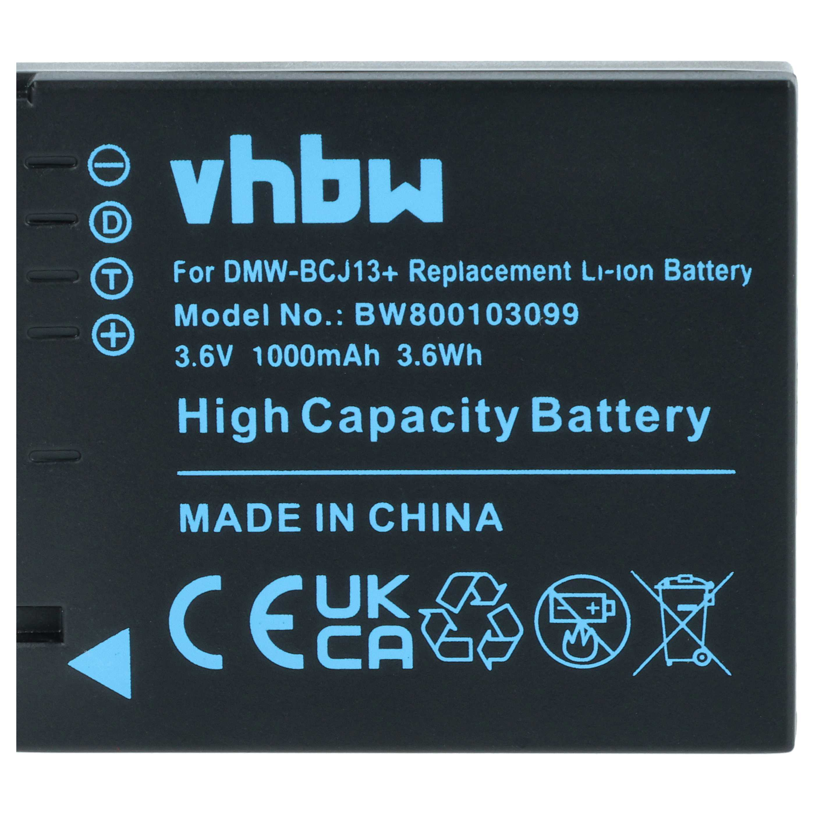 Schwarzer Akku mit blauem Text. Liest sich 'vhbw', 'High Capacity Battery' und 'Made in China'. Enthält verschiedene Symbole.