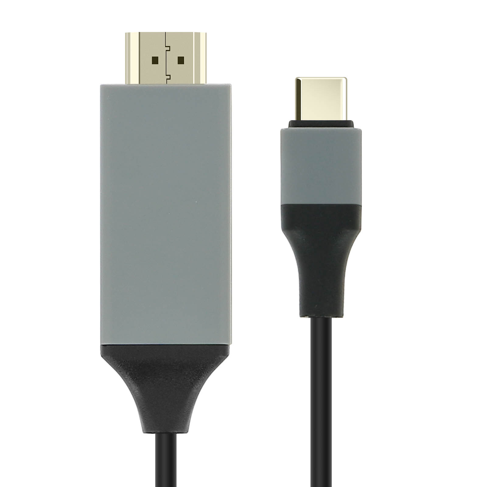 Un cavo da HDMI a USB-C. Un'estremità è HDMI e l'altra è USB-C. Entrambi i connettori hanno componenti grigi e neri.