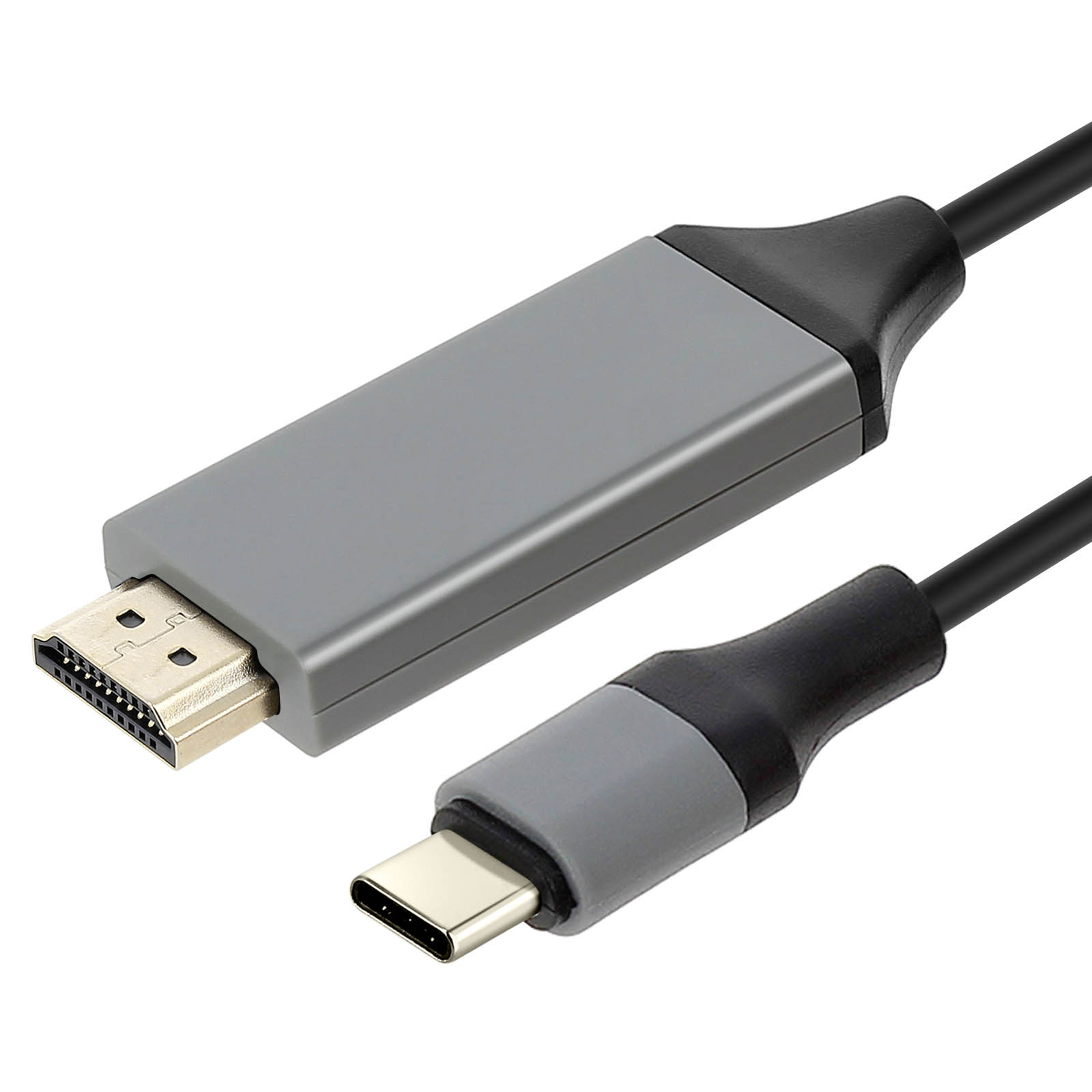 Un cavo adattatore da HDMI a USB-C. Blocco adattatore grigio con connettori HDMI e USB-C. Cavo nero.