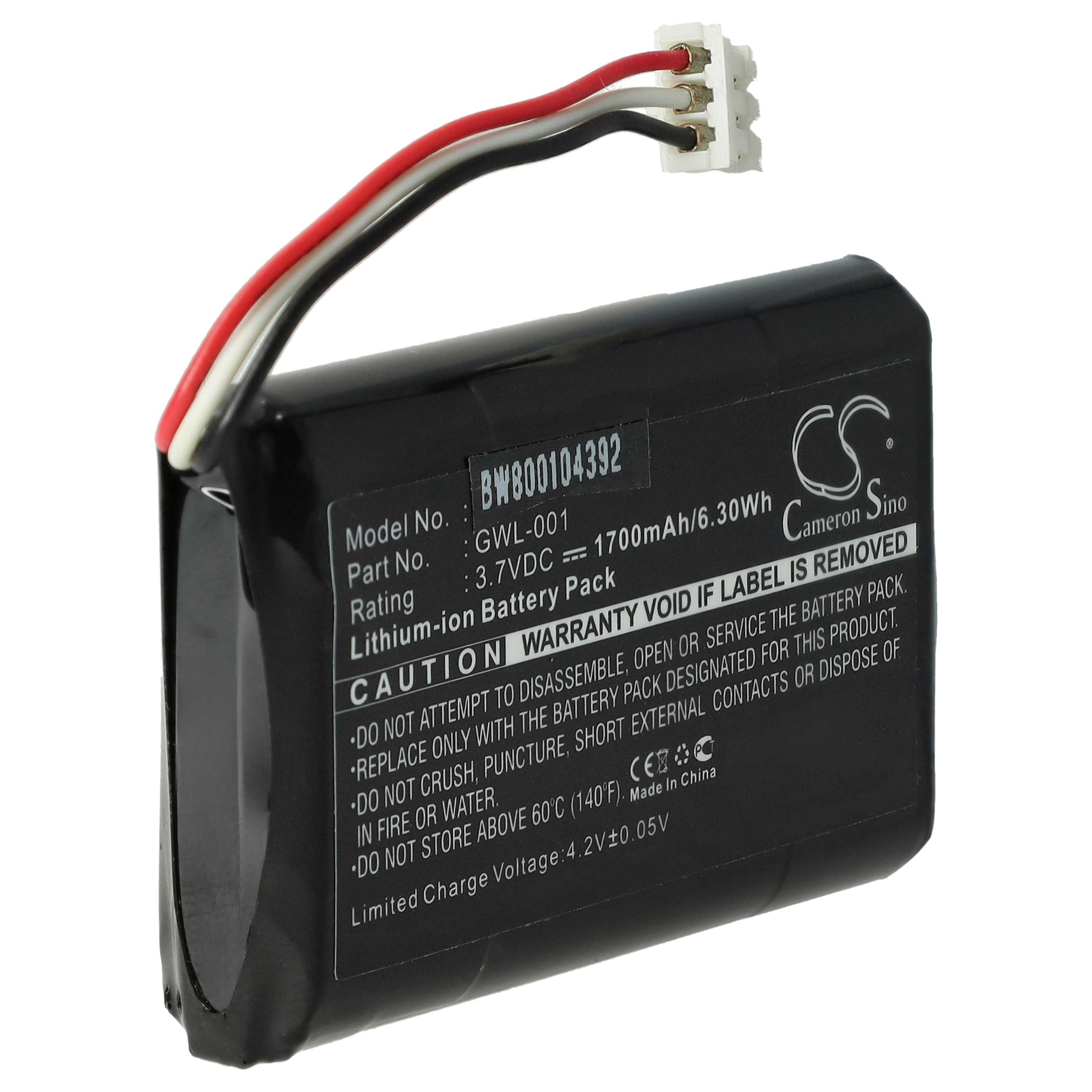 Ein schwarzes Akku-Pack mit Drähten und Stecker. Text enthält Modell, Teil, Bewertung und Warnhinweise.