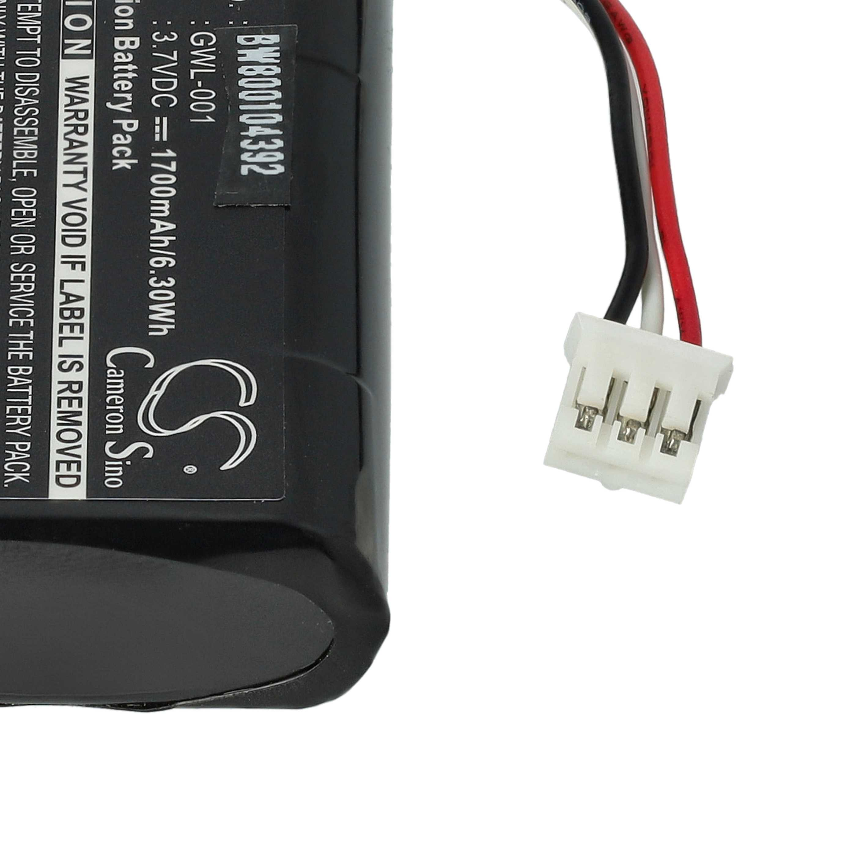 Nahaufnahme einer schwarzen Batterie. Text darauf zeigt Modell und Spezifikationen. Drähte und ein weißer Stecker sind sichtbar.