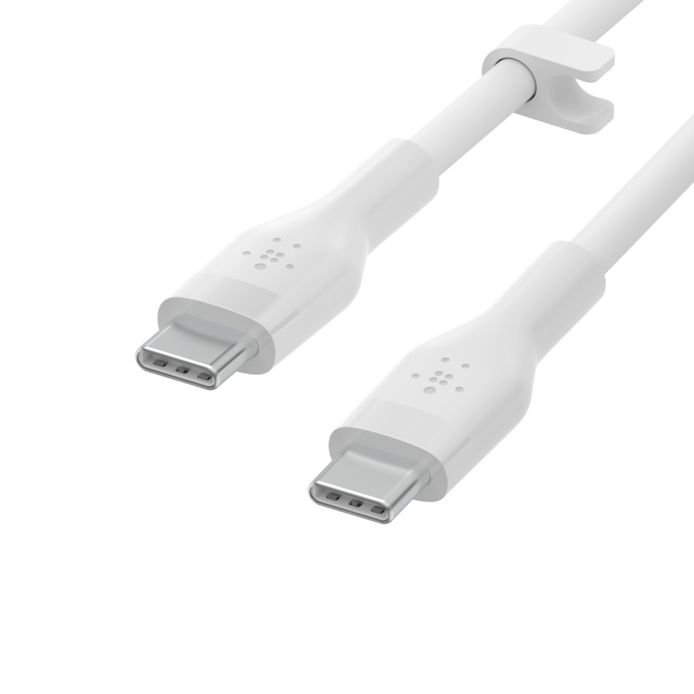 Due cavi USB-C bianchi su sfondo bianco. Ogni cavo ha un connettore all'estremità. Uno ha un supporto per cavo.