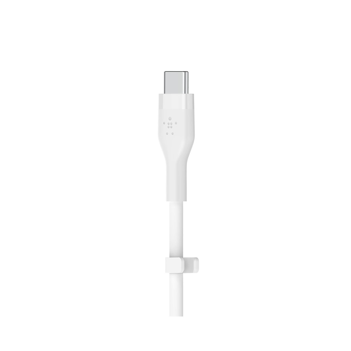 Un cavo USB-C Belkin bianco su sfondo bianco. Il cavo ha un connettore USB-C, un cavo bianco e un organizzatore per cavi.