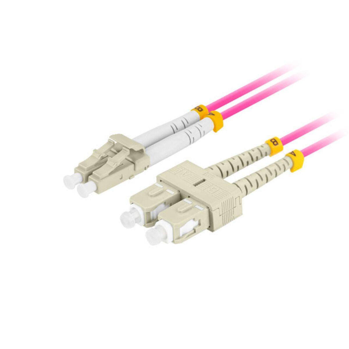 Due cavi in fibra ottica con connettori beige e cavi rosa. I connettori hanno punte bianche e bande gialle. Sfondo bianco.