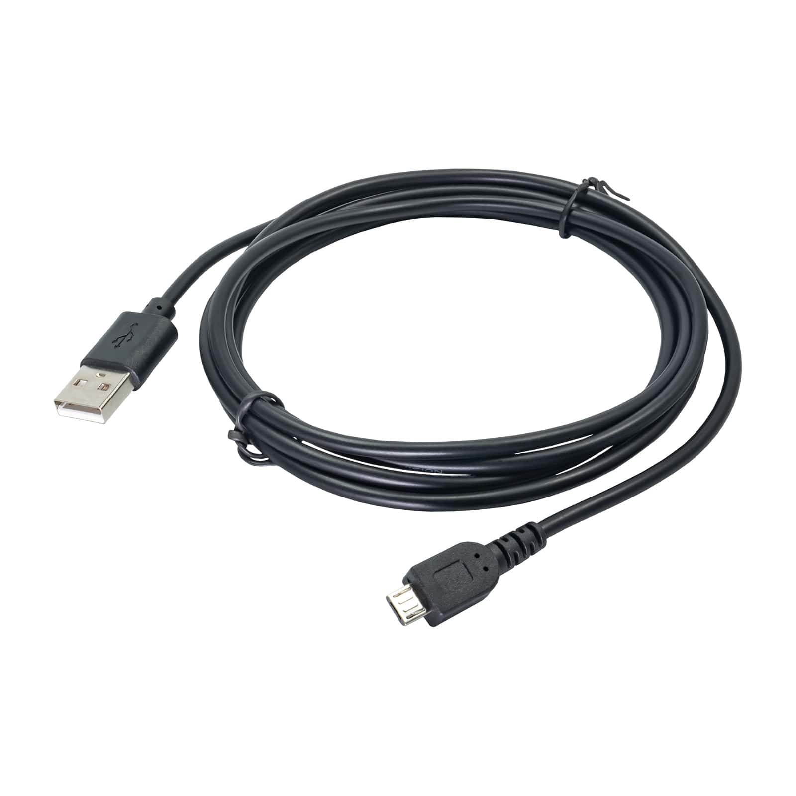 Cavo USB nero con connettore USB-A a un'estremità e connettore micro-USB all'altra, su sfondo bianco.