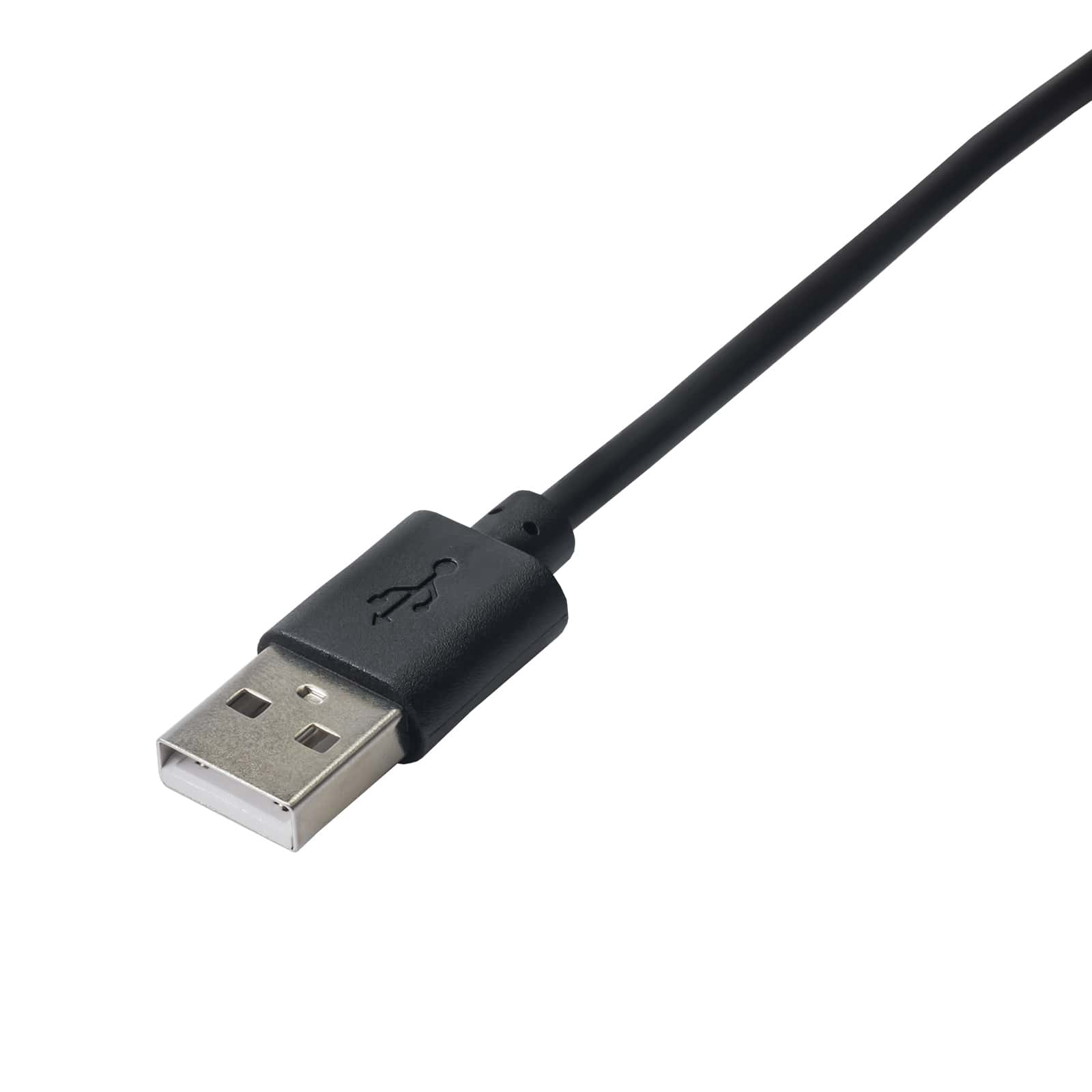 Un cavo USB nero su sfondo bianco. L'estremità USB è argentata, il connettore nero.