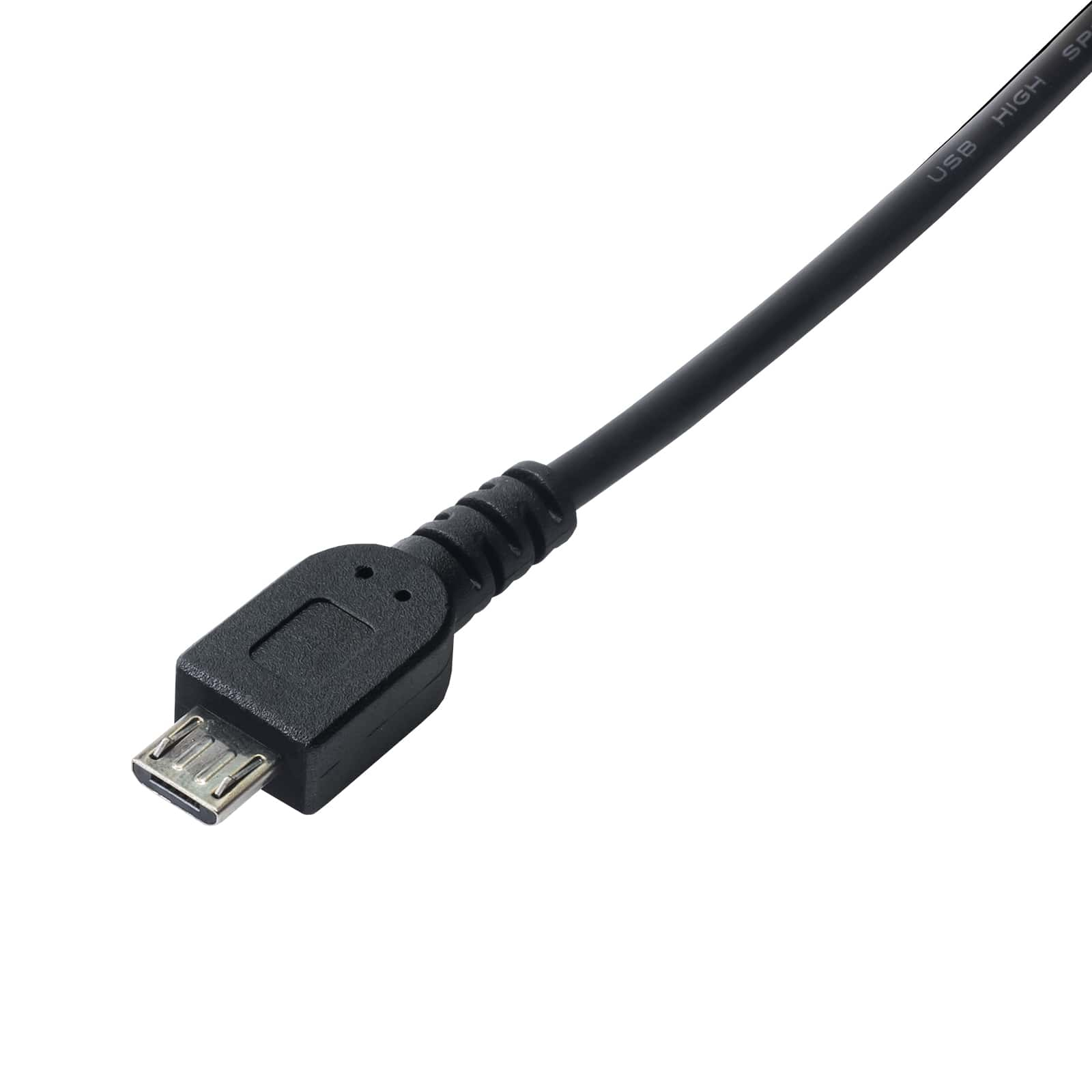 Un cavo USB nero con connettore micro-USB. Il cavo è angolato, il connettore è a fuoco.