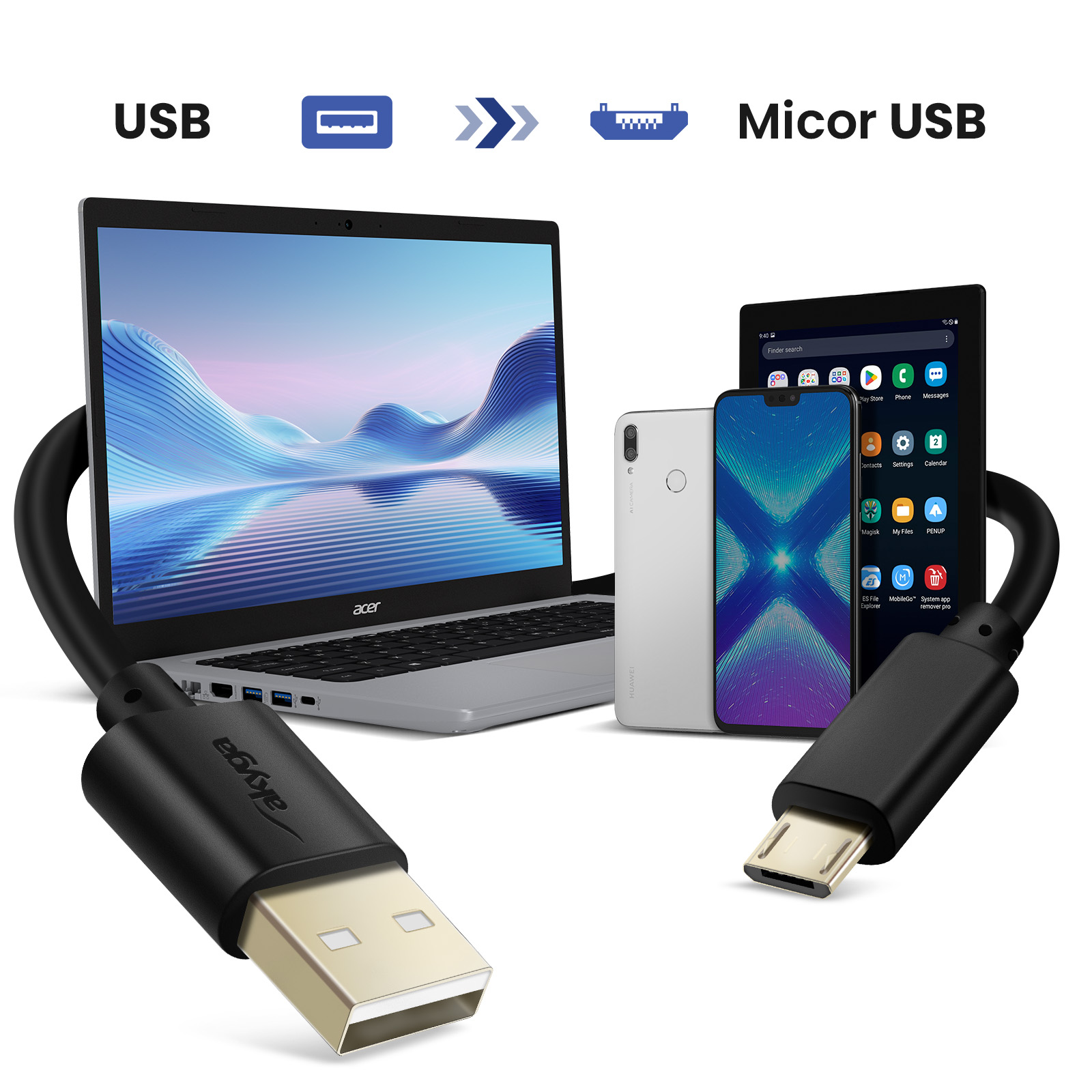 Un laptop, un telefono e un tablet sono collegati con cavi USB. Un connettore USB in basso a sinistra e Micro USB a destra.