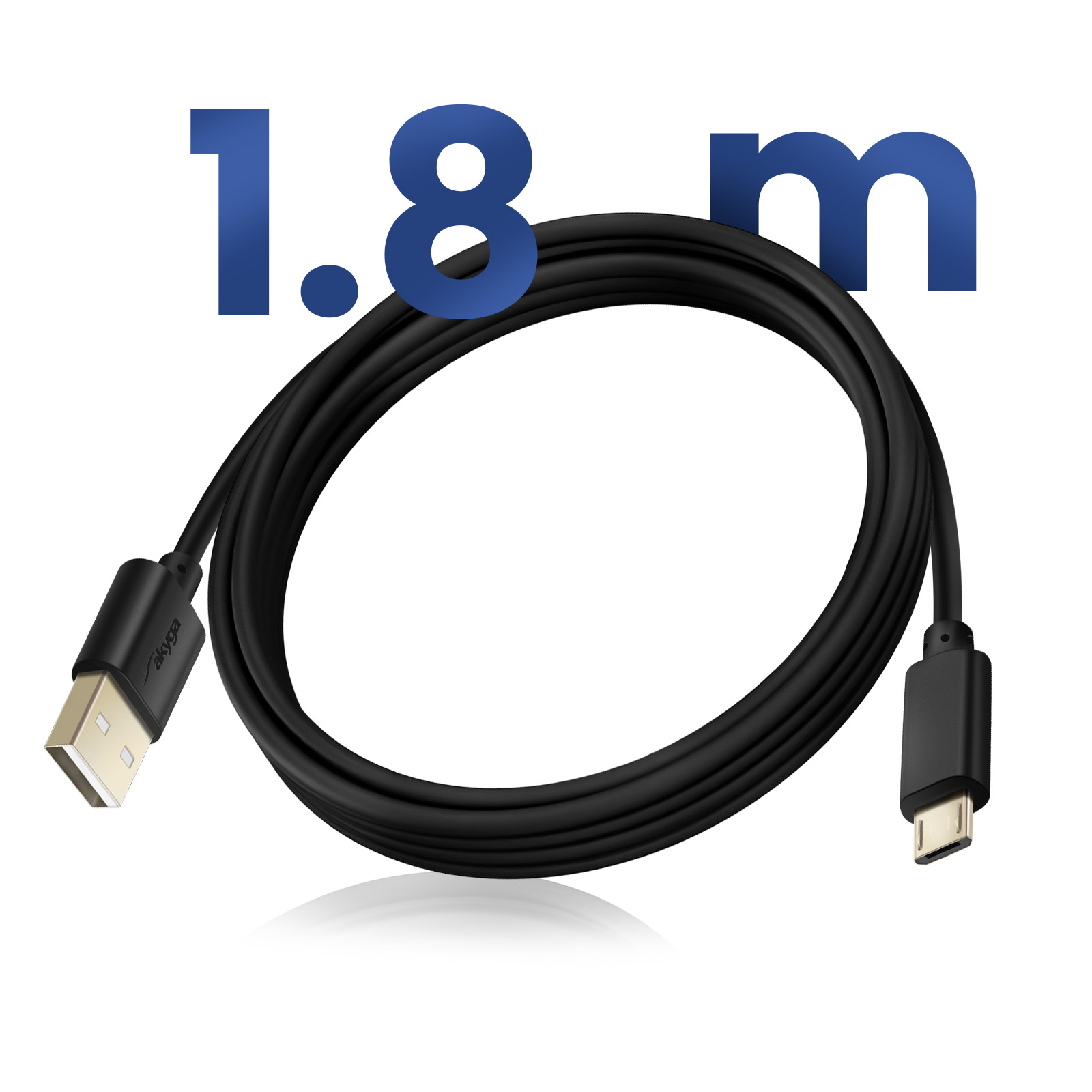 Cavo USB nero con connettori USB-A e USB-C. Il testo sopra dice 1,8 m. Sfondo bianco con riflesso.