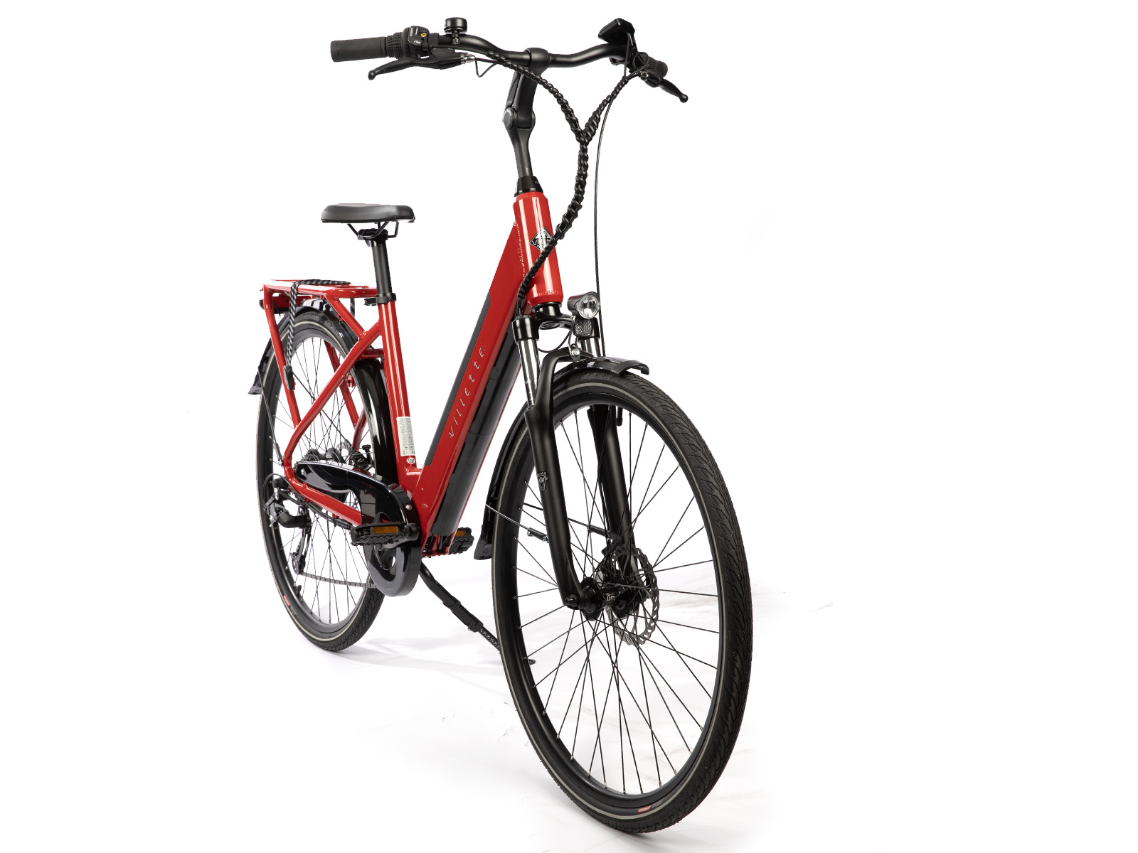 Een rode Villette elektrische fiets staat centraal tegen een witte achtergrond. De fiets heeft zwarte banden, zadel en stuur.