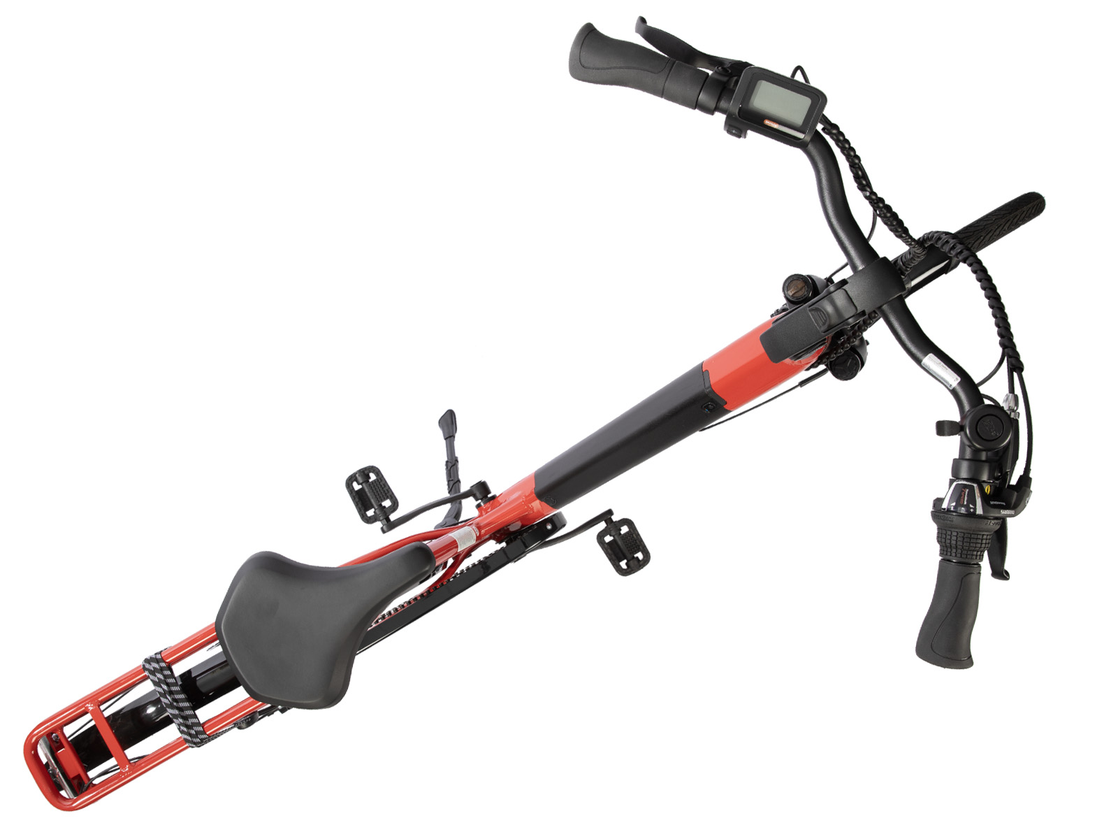 Een rode en zwarte elektrische fiets wordt van bovenaf getoond. Het stuur is zwart en de zitting is zwart. De achtergrond is wit.