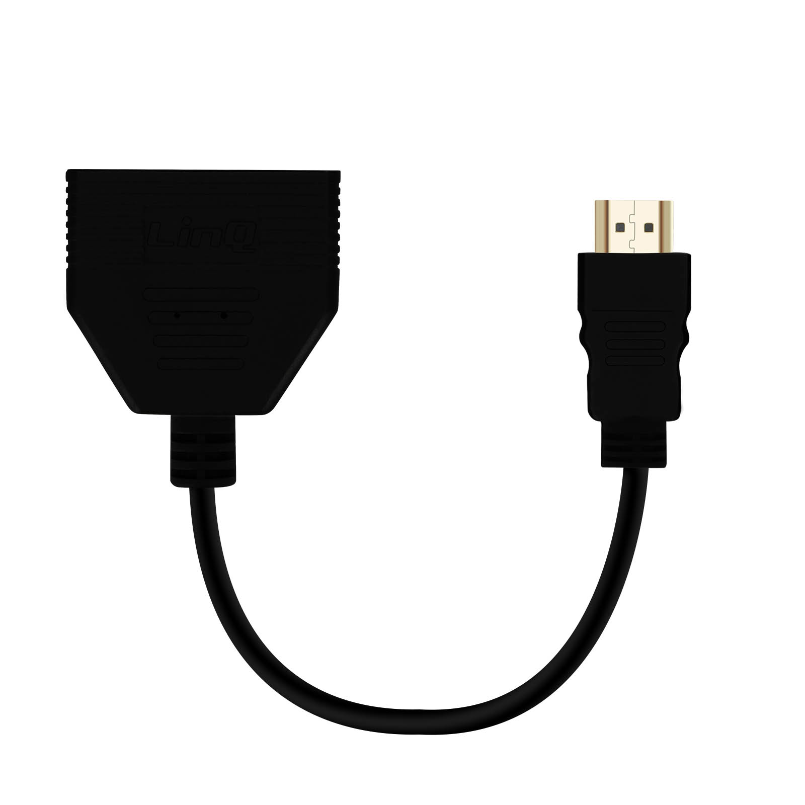 Cavo splitter HDMI nero su sfondo bianco. Connettore dorato a destra. Lo splitter è a sinistra.