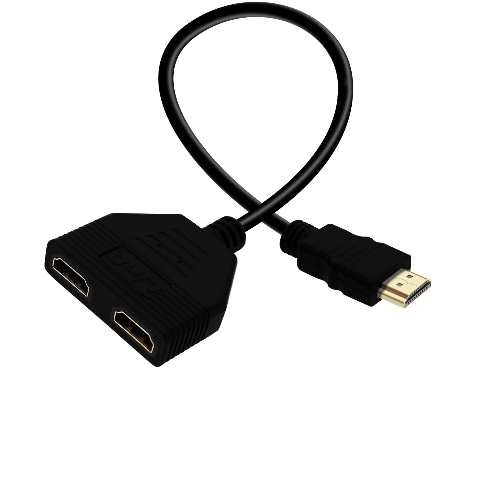 Un cavo splitter HDMI nero con un anello. Lo splitter ha due porte, l'altra estremità un connettore HDMI.
