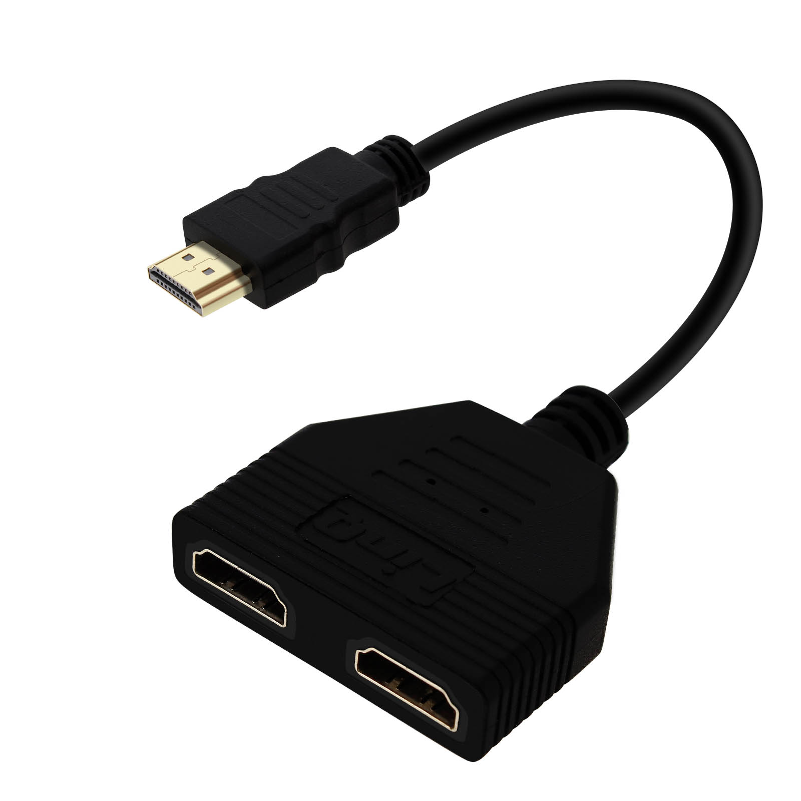 Splitter HDMI nero con un ingresso e due uscite. Ha un cavo nero e connettori dorati.