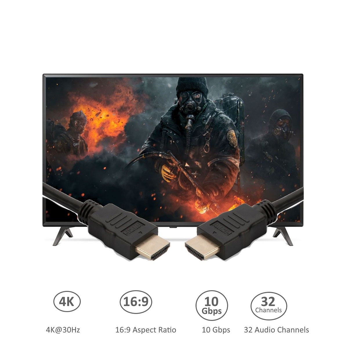 TV con soldati con maschere antigas e cavi HDMI. Specifiche: 4K, 16:9, 10 Gbps, 32 canali.