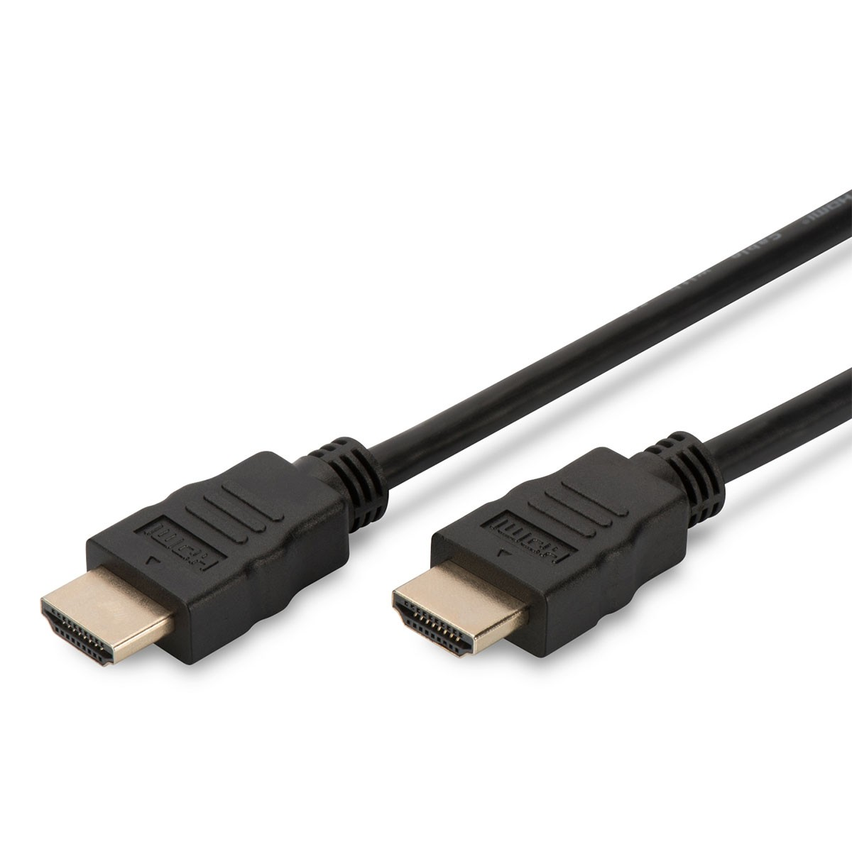 Due cavi HDMI neri su una superficie bianca. I connettori sono dorati e i cavi sono angolati.