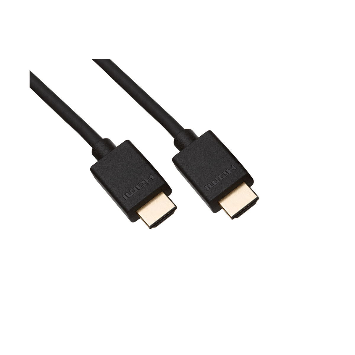 Due cavi HDMI neri con connettori dorati sono angolati verso l'alto a destra. Lo sfondo è bianco.