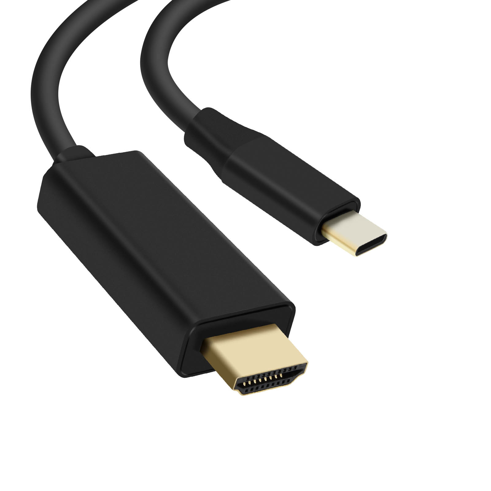 Schwarzes HDMI-Kabel mit Goldstecker an einem Ende und USB-C am anderen. Der Hintergrund ist weiß.