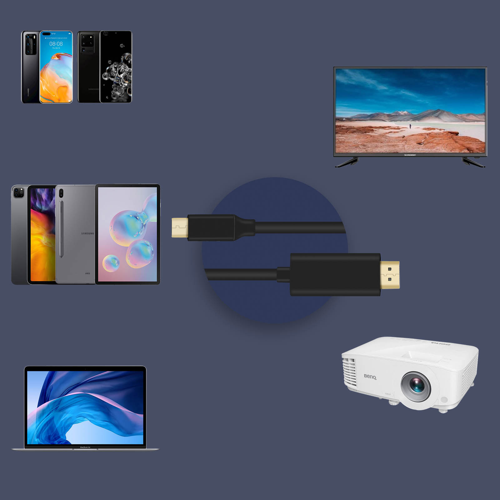 Verschiedene elektronische Geräte wie Telefone, Tablets, ein Laptop, ein Projektor und ein Fernseher werden auf dunkelblauem Hintergrund gezeigt.