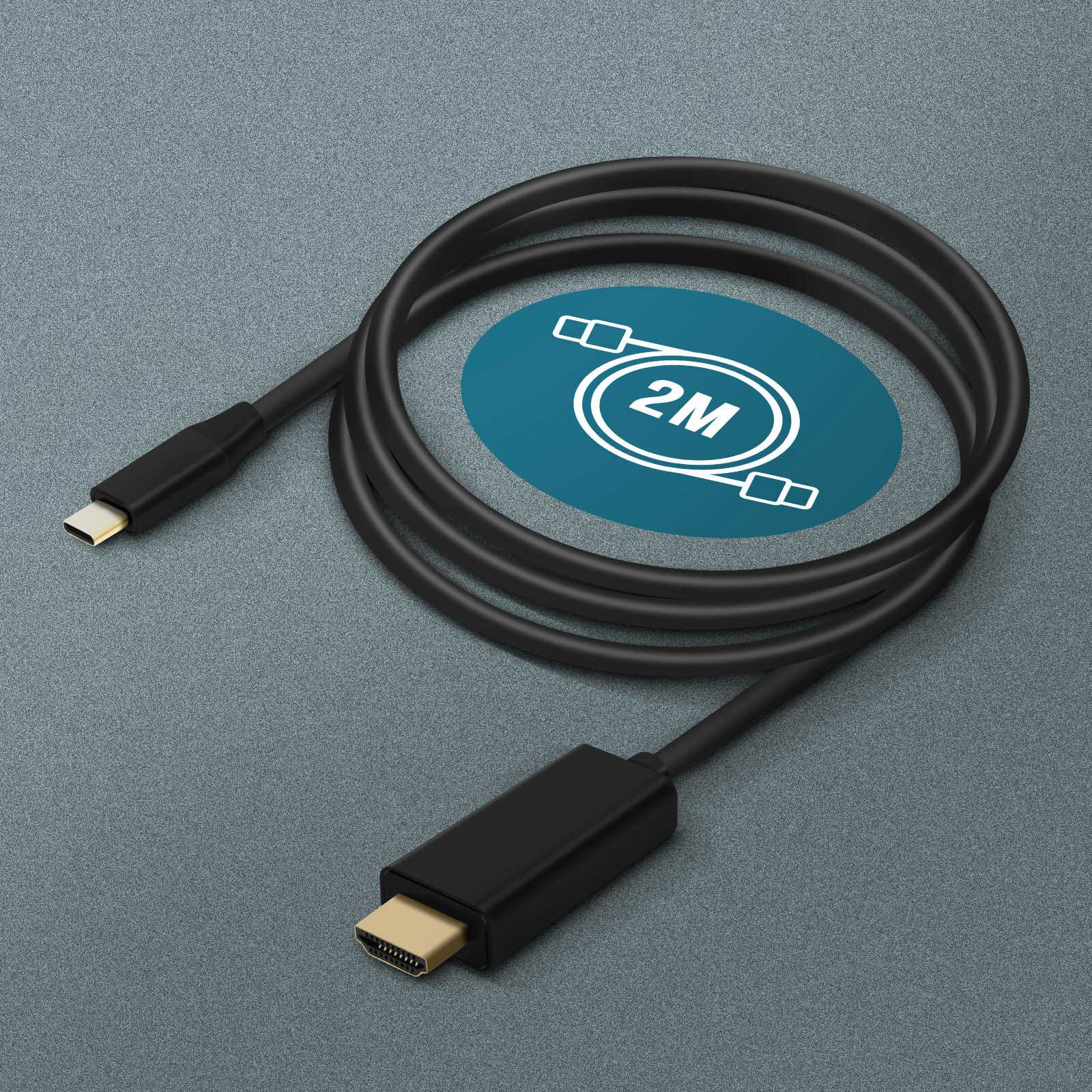 Schwarzes HDMI-Kabel mit USB-C- und HDMI-Anschlüssen. Ein 2M-Etikett befindet sich auf einem tealfarbenen Kreis. Der Hintergrund ist grau.