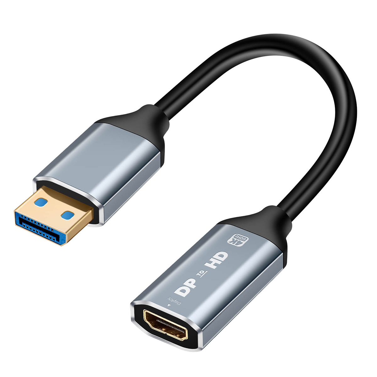Un cavo adattatore da USB a DP a HD. Ha un connettore USB e un connettore DisplayPort a HD, collegati da un cavo nero.