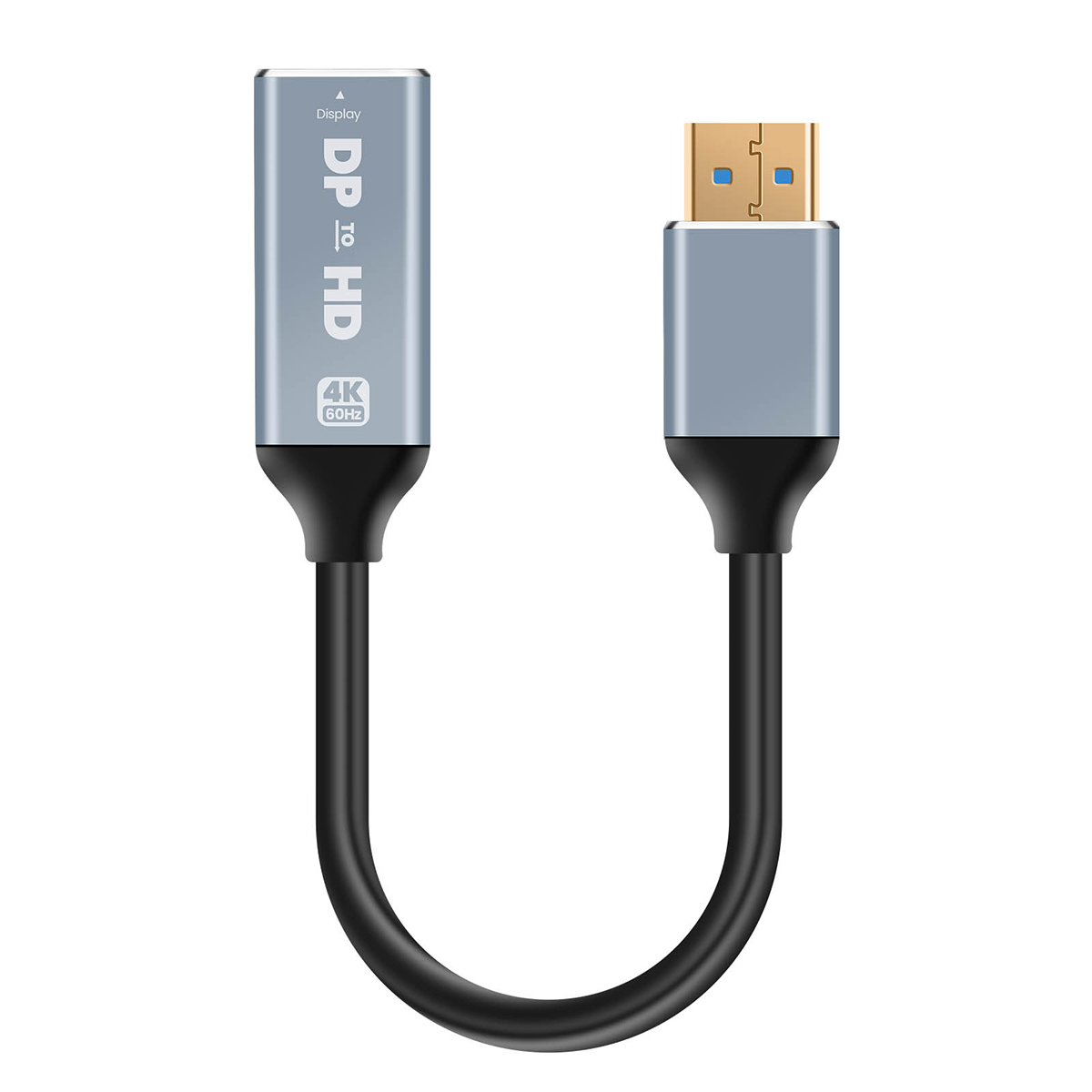 Un cavo adattatore da DP a HD. Un'estremità ha un connettore DP, l'altra una porta USB. Il cavo è nero.