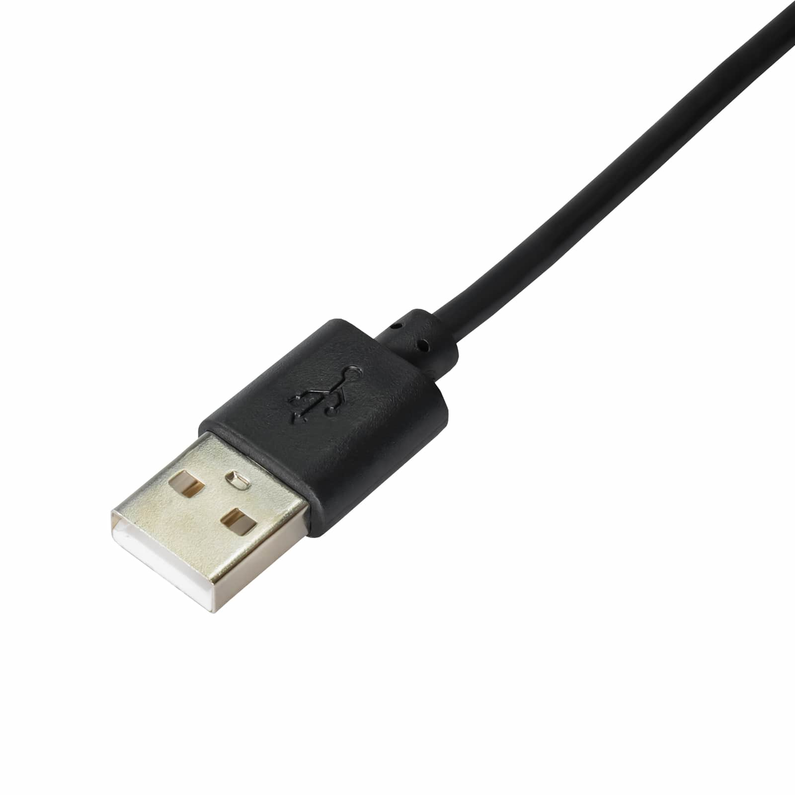 Ein schwarzes USB-Kabel mit einem USB-Anschluss. Der Hintergrund ist weiß.
