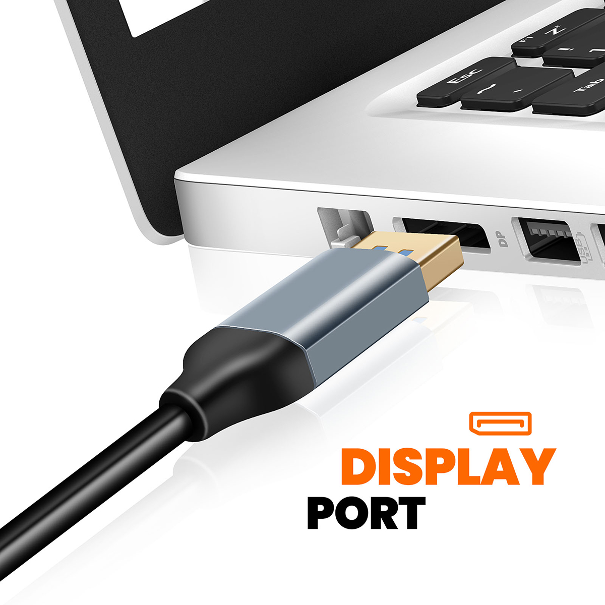 Un cavo DisplayPort è collegato a un laptop. Il cavo è nero e grigio. Il testo 'DISPLAY PORT' viene visualizzato.