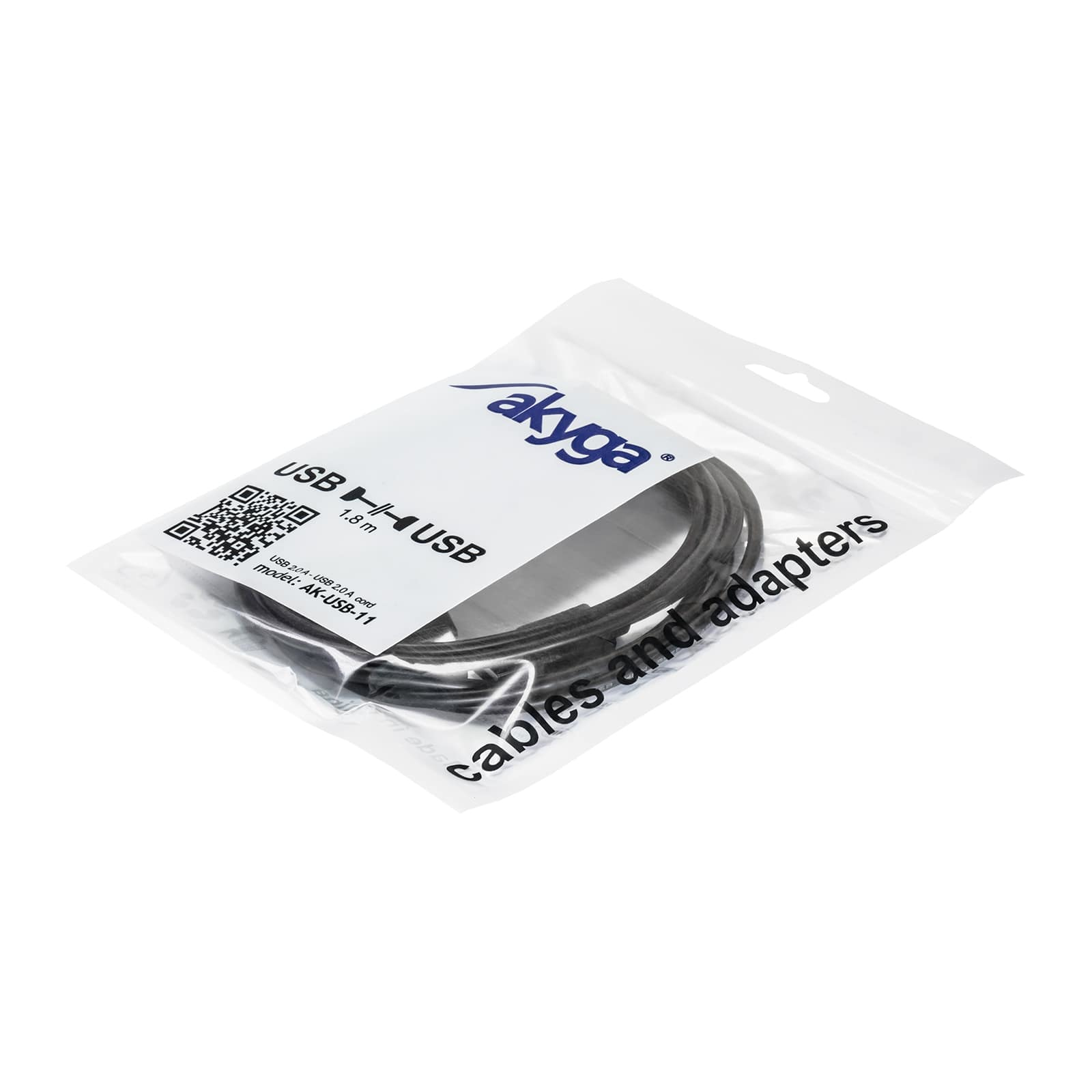 Eine transparente Plastikverpackung enthält ein schwarzes USB-Kabel. Die Verpackung hat ein Etikett mit der Marke 'Akyga' und Produktdetails.