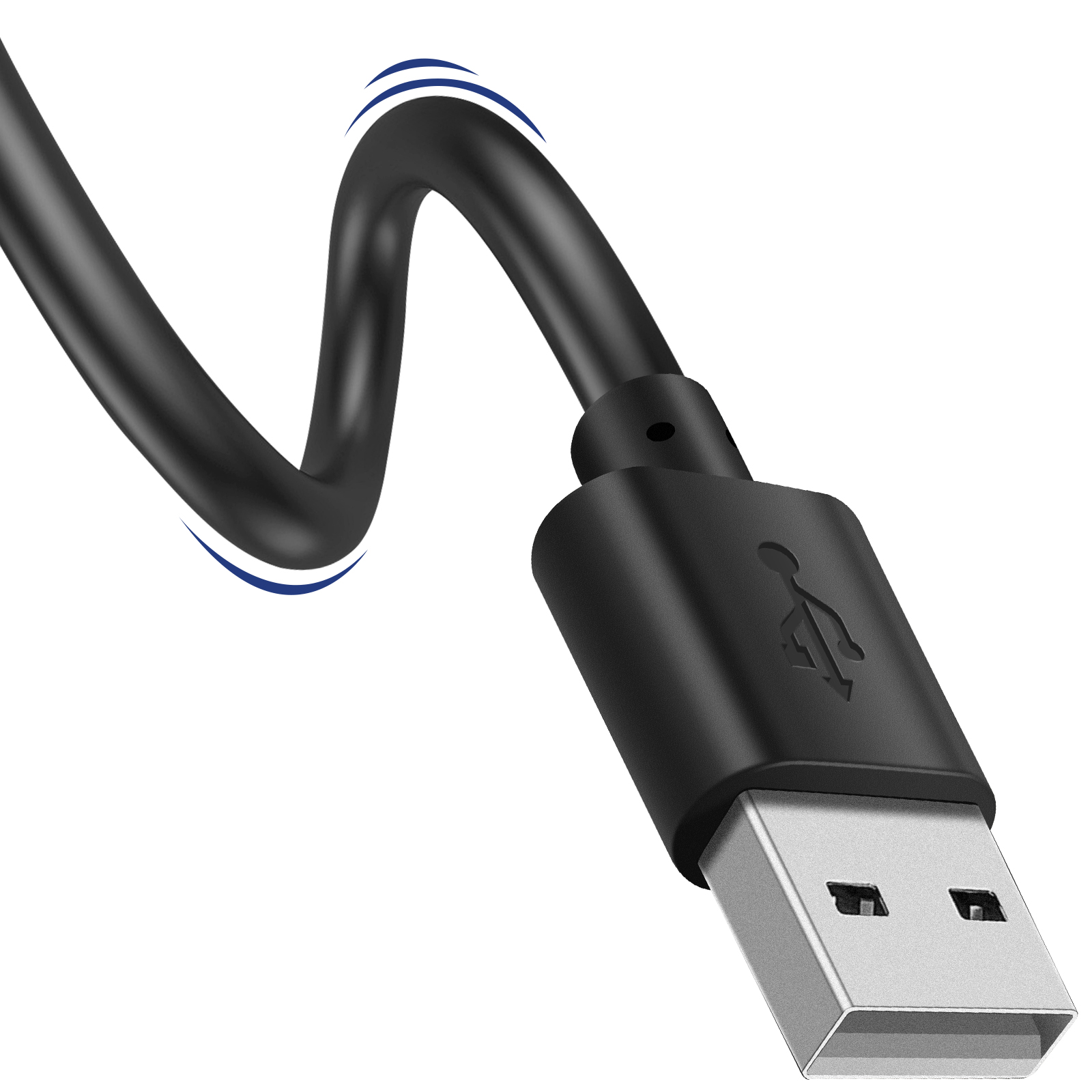 Schwarzes USB-Kabel mit silbernem Stecker auf weißem Hintergrund. Das Kabel ist gebogen. USB-Symbol auf dem Stecker.