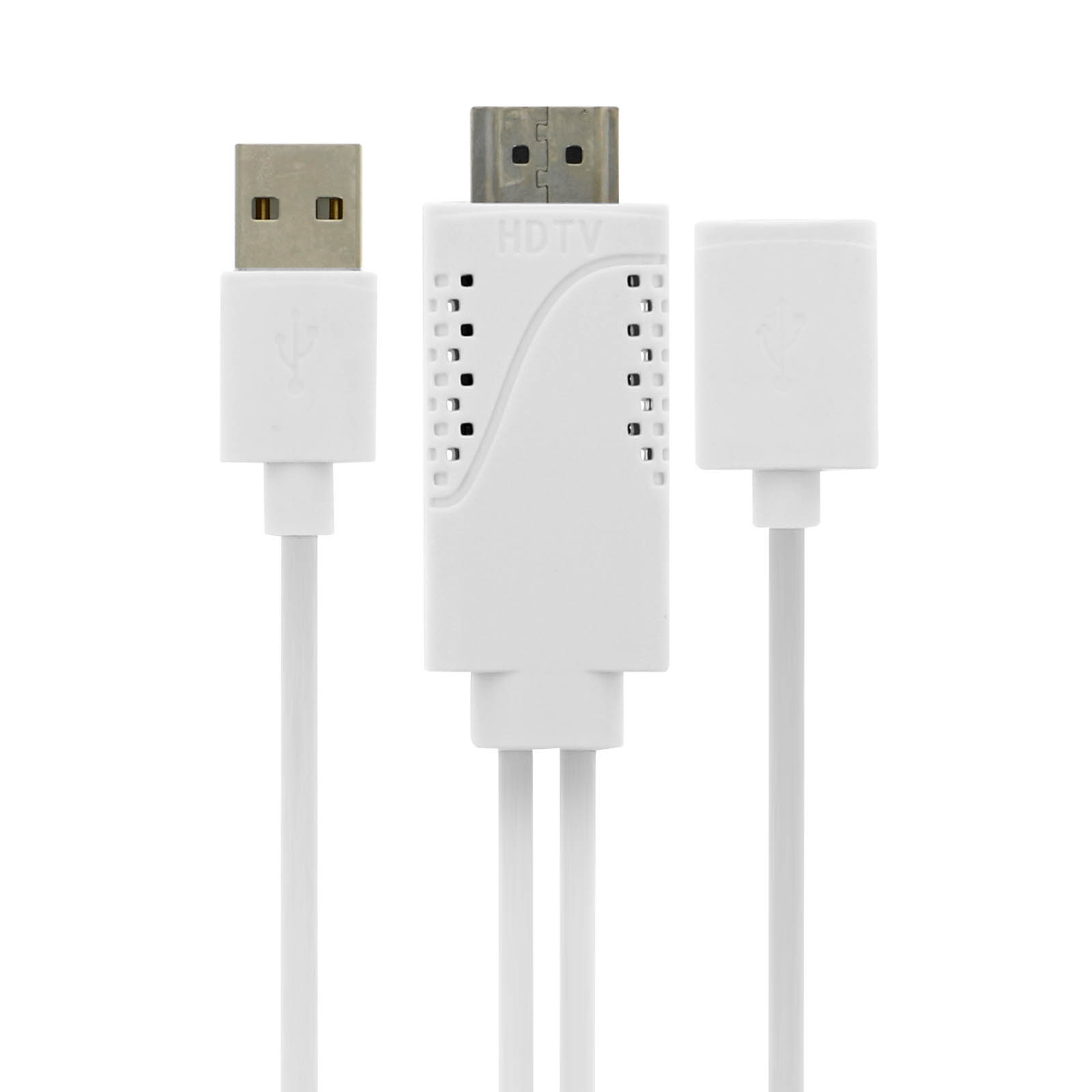 Tre cavi bianchi con diversi connettori: USB, HDMI e un altro USB. Tutti i cavi sono su sfondo bianco.
