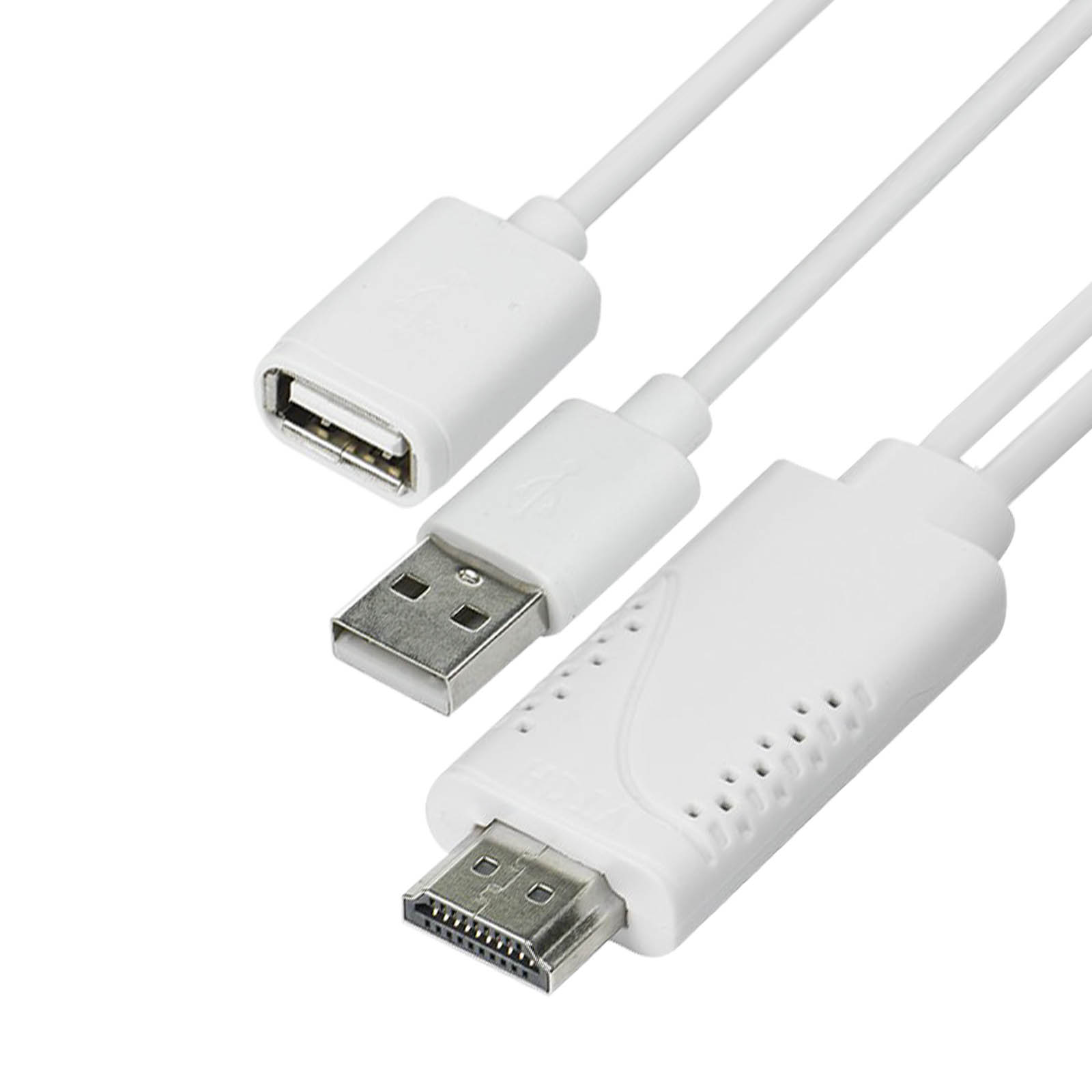 Cavi USB e HDMI bianchi su sfondo bianco. I connettori includono USB-A, USB-B e HDMI. Tutti bianchi.