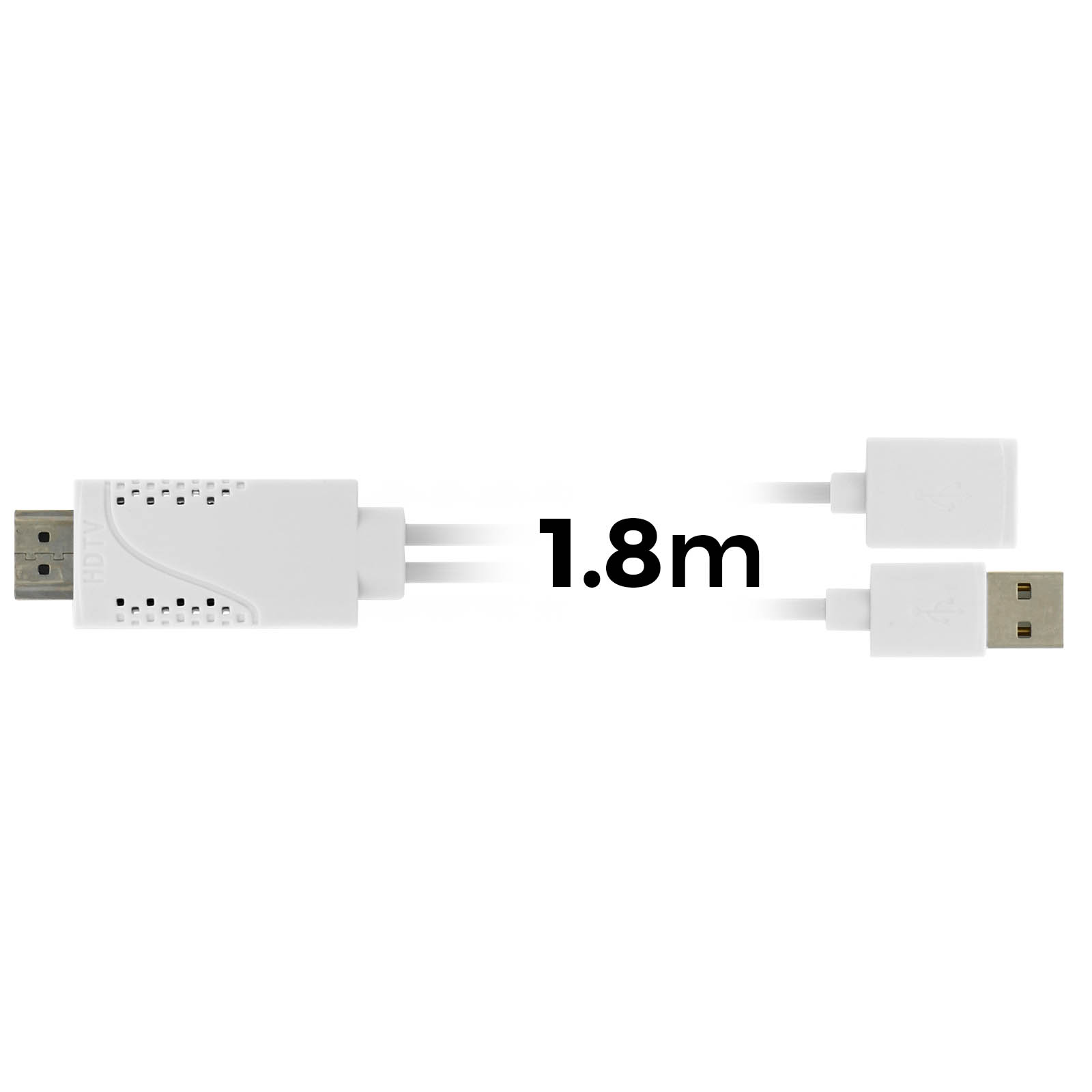 Cavo HDMI bianco con connettore USB, lungo 1,8 m, su sfondo bianco. L'estremità HDMI dice HDTV.